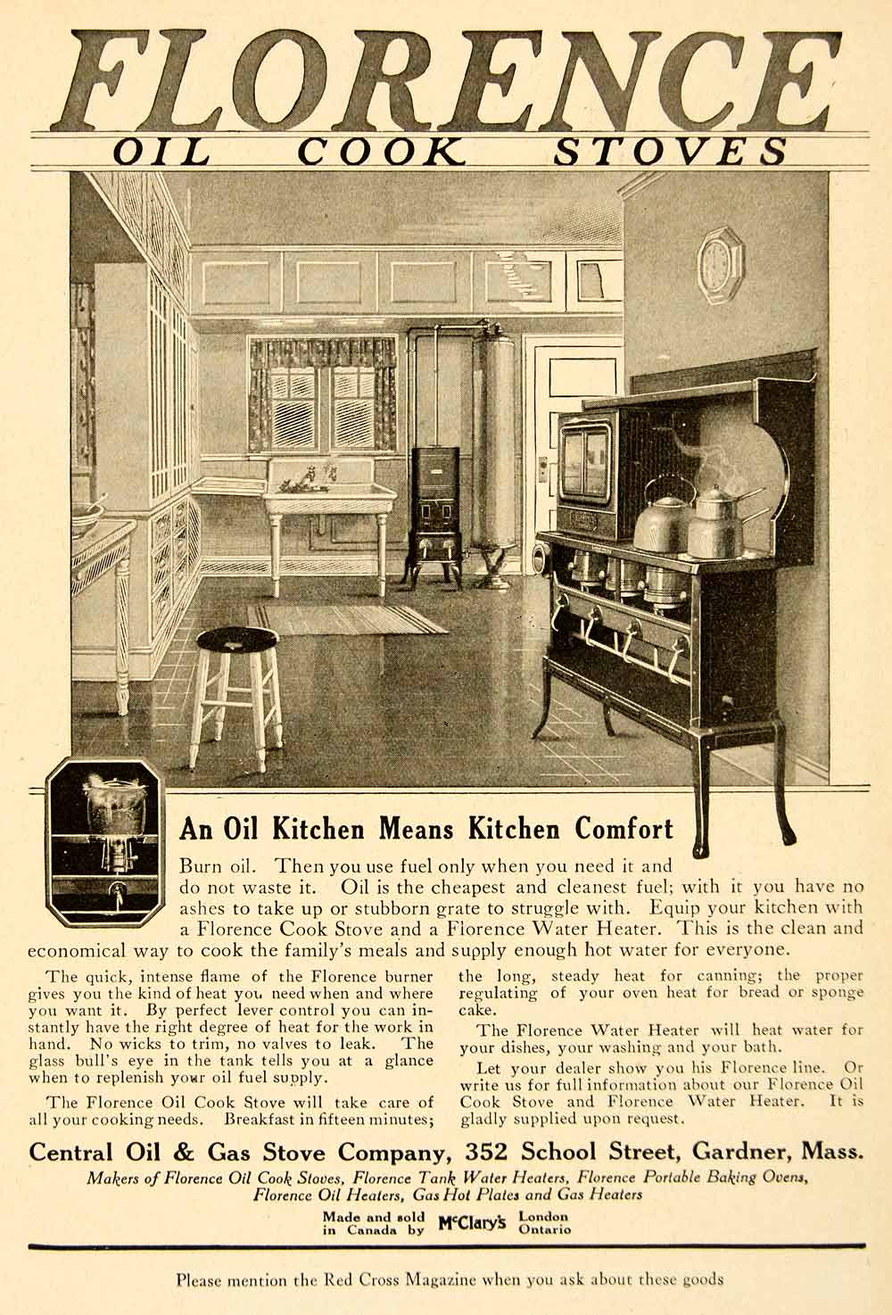 1918 Ad Florence Oil Cook Stove Kitchen 352 School St Gardner MA McClary's YRC1
