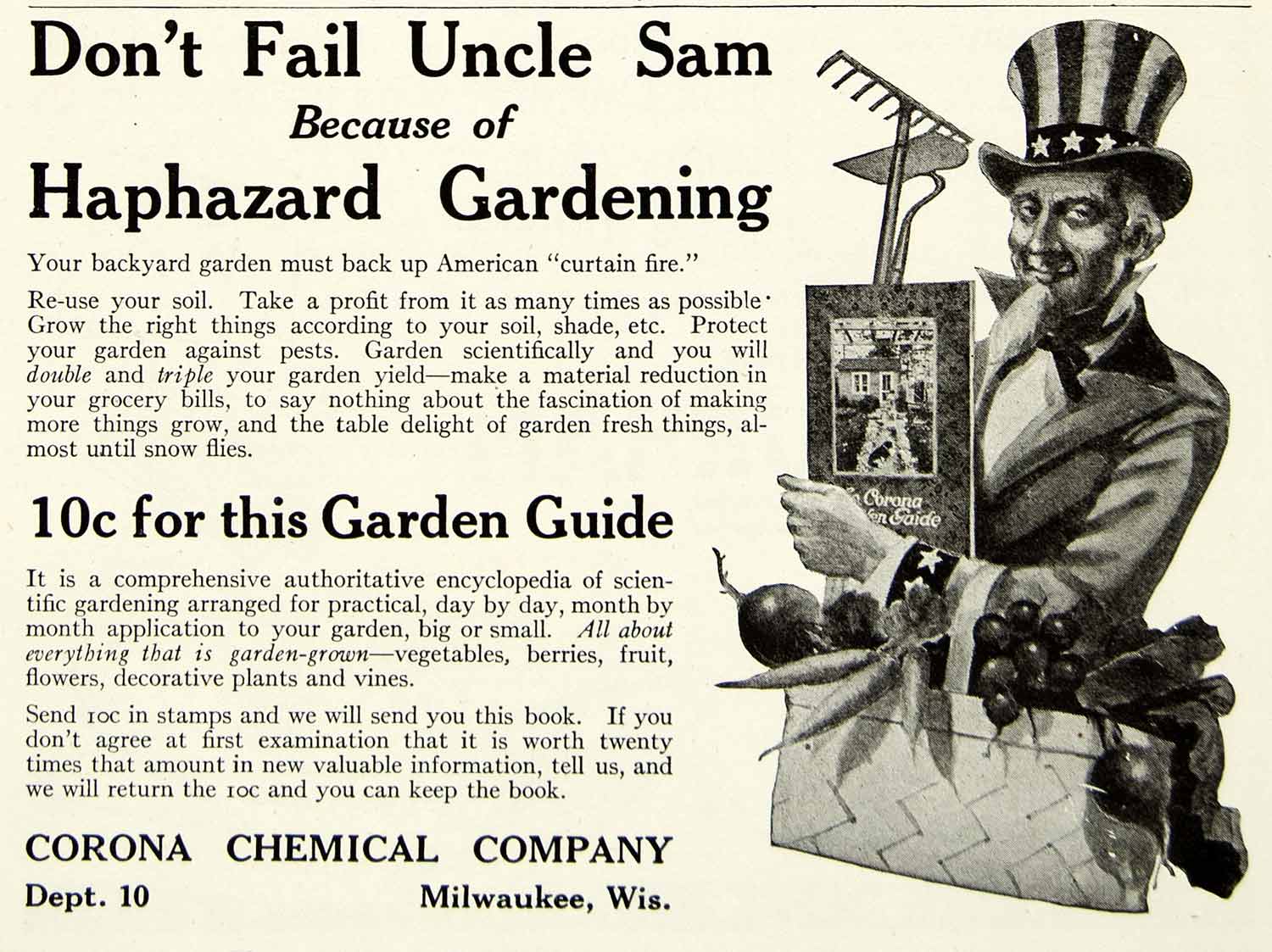 1918 Ad Corona Chemical Milwaukee WI Encyclopedia Garden Science Uncle Sam YRC1