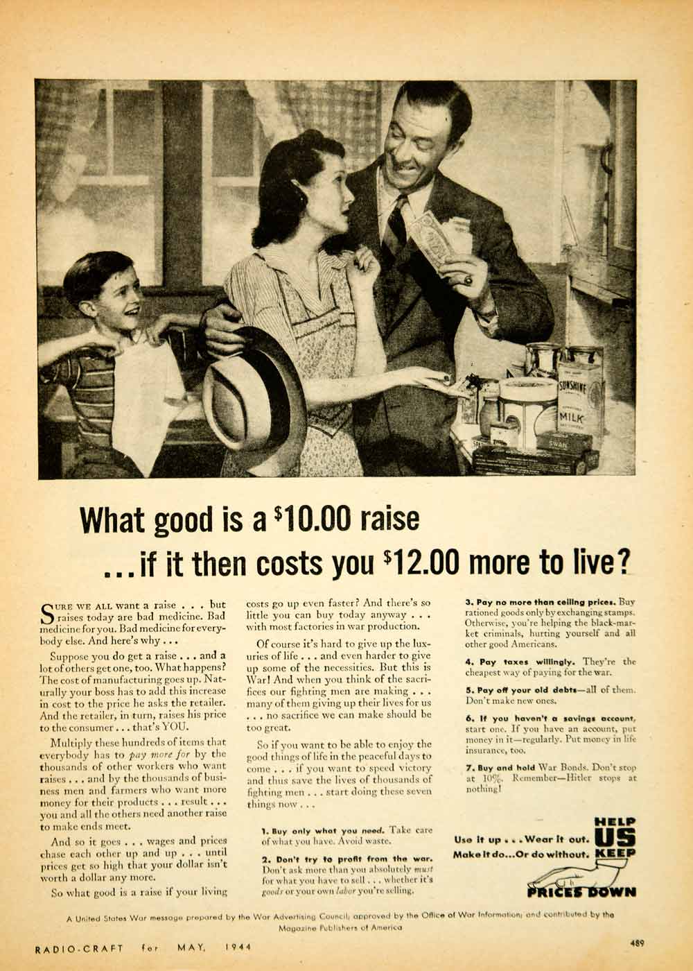 1944 Ad PSA World War II Advertising Council Money Spending Prices Family YRC2