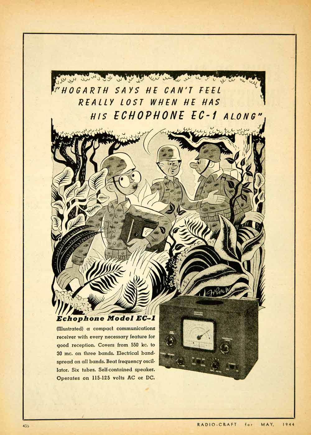 1944 Ad Echophone EC-1 Radio Electronic Cartoon Army Soldiers World War II YRC2