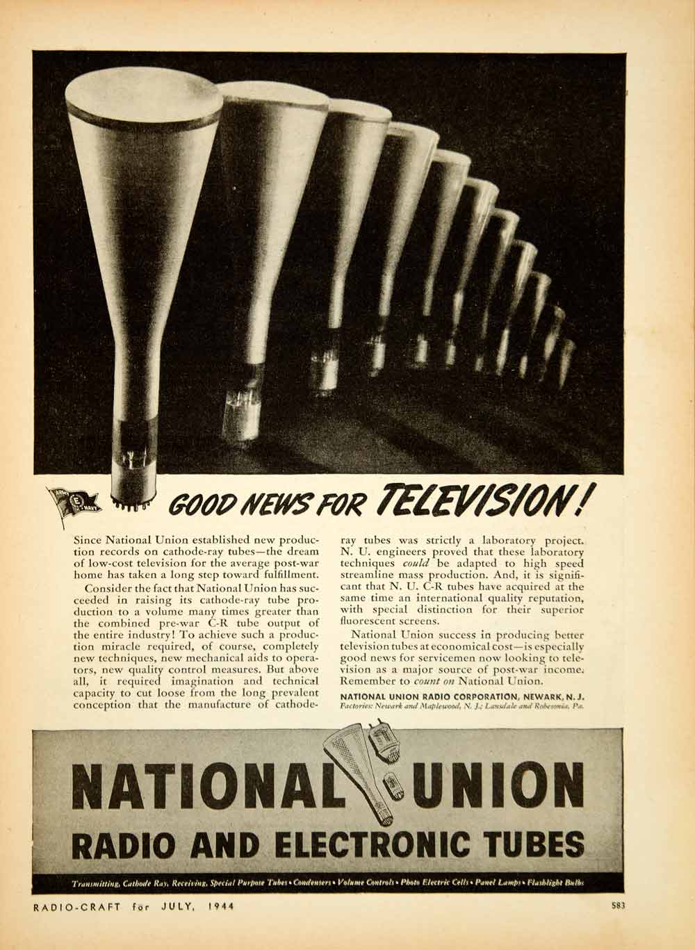 1944 Ad National Union Radio Electronic Tubes World War II Mechanical Light YRC2