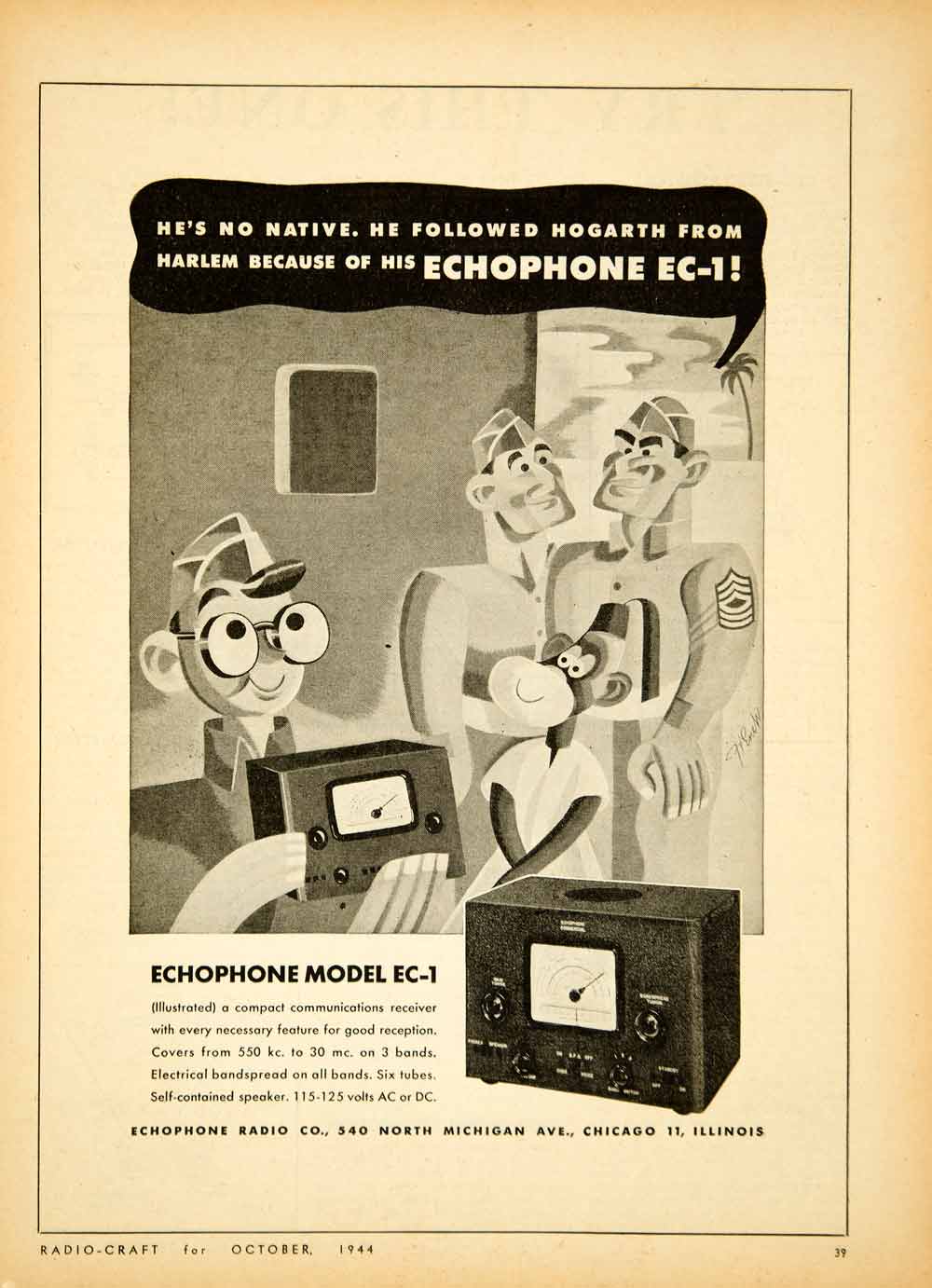 1944 Ad Echophone Radio Electronic World War II EC-1 Model Cartoon Soldier YRC2