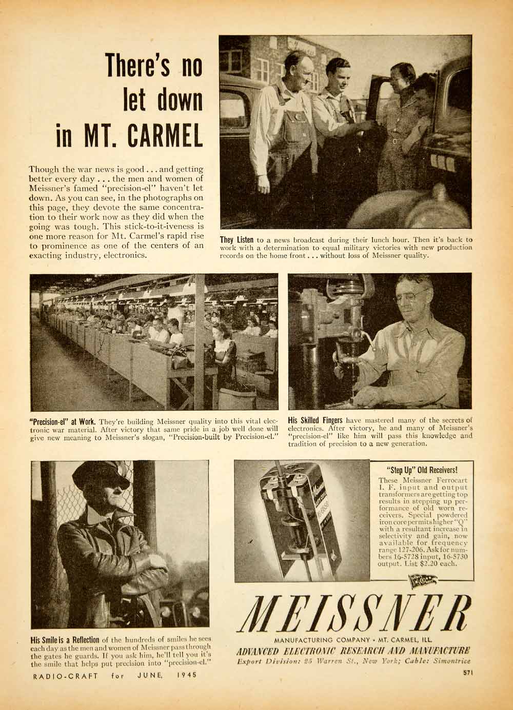 1945 Ad Meissner Advanced Research Manufacture World War II Mt. Carmel YRC2