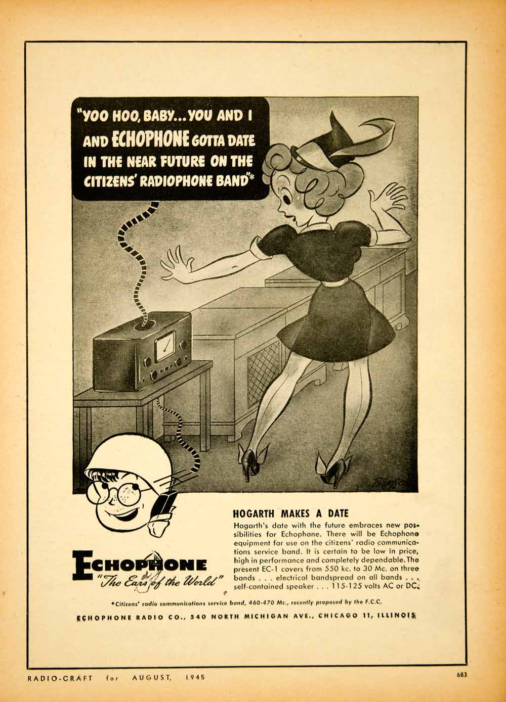 1945 Ad Echophone Radio Company Hogarth Cartoon Woman World War II Effort YRC2