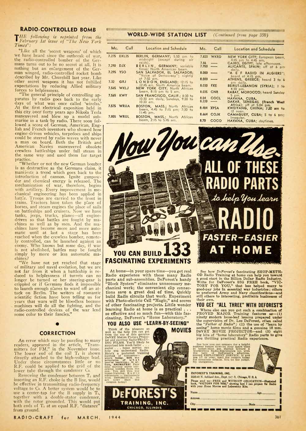 1944 Article World Wide Station List Channel World War II Communication YRC2