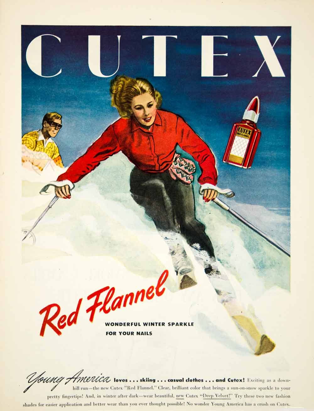 1946 Ad Cutex Red Flannel Nail Enamel Polish Vintage Skiing Winter Snow YRM1