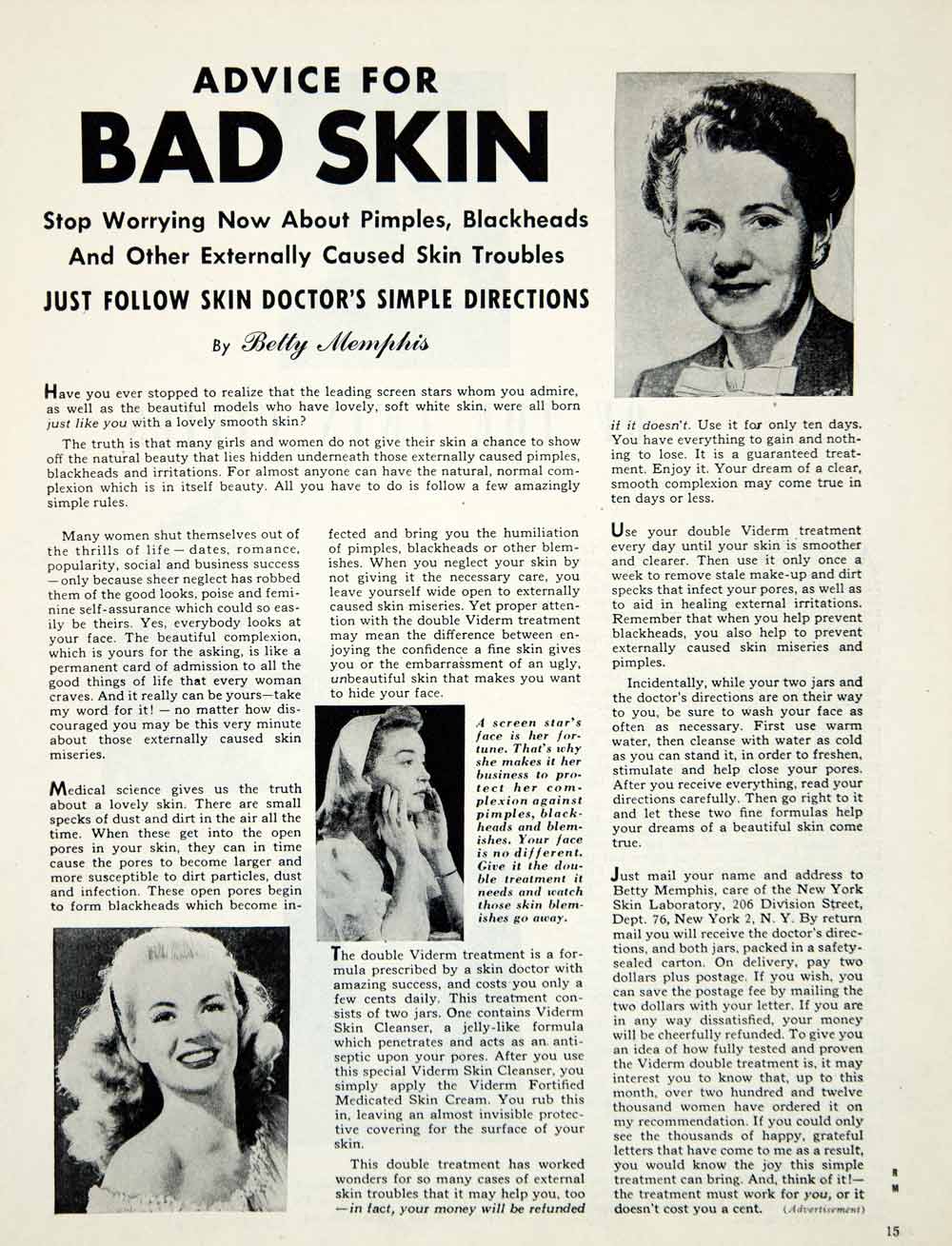 1946 Ad Vintage Viderm Skin Cleanser Cream Betty Memphis Face Complexion YRM1