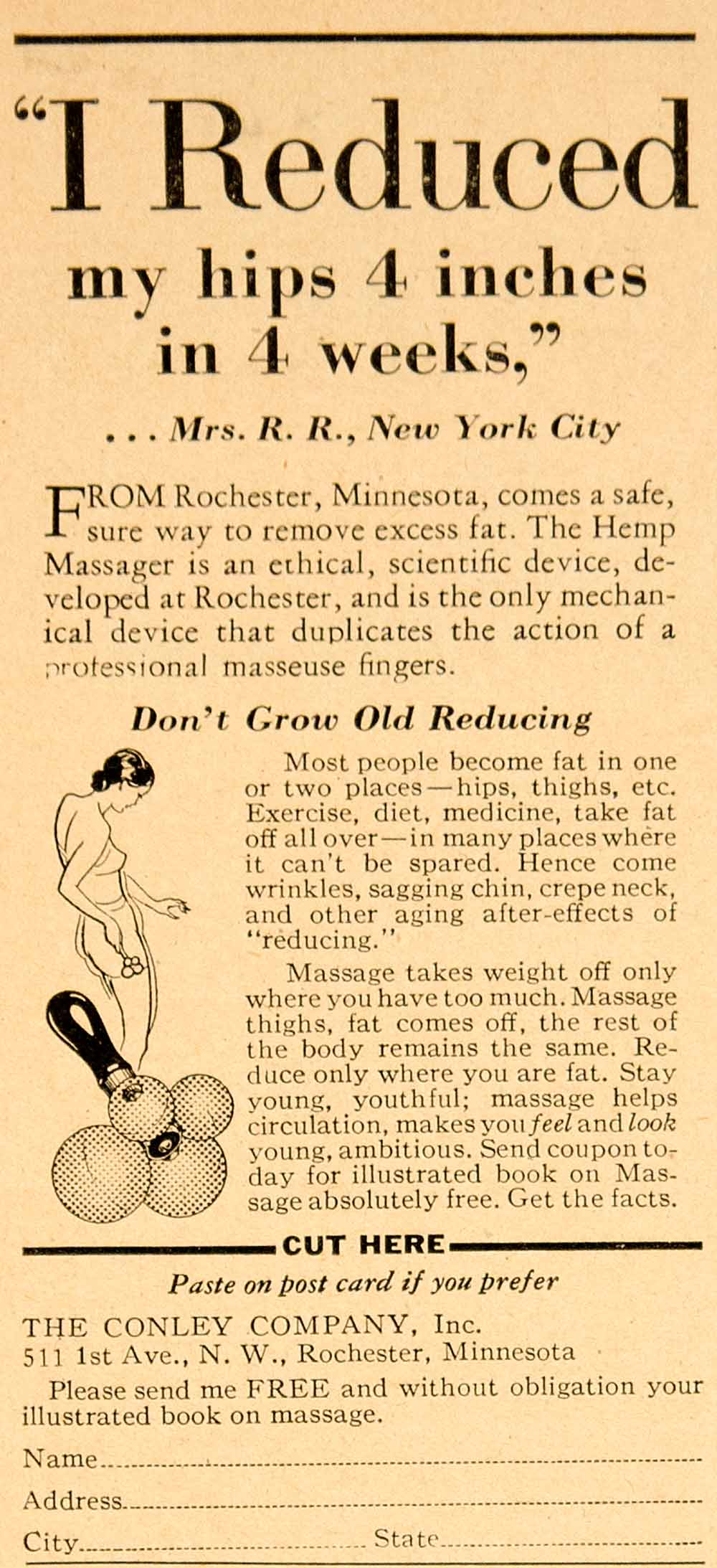 1934 Ad Vintage Hemp Massager Weight Reduction Fat Conley Company Rochester YRM1
