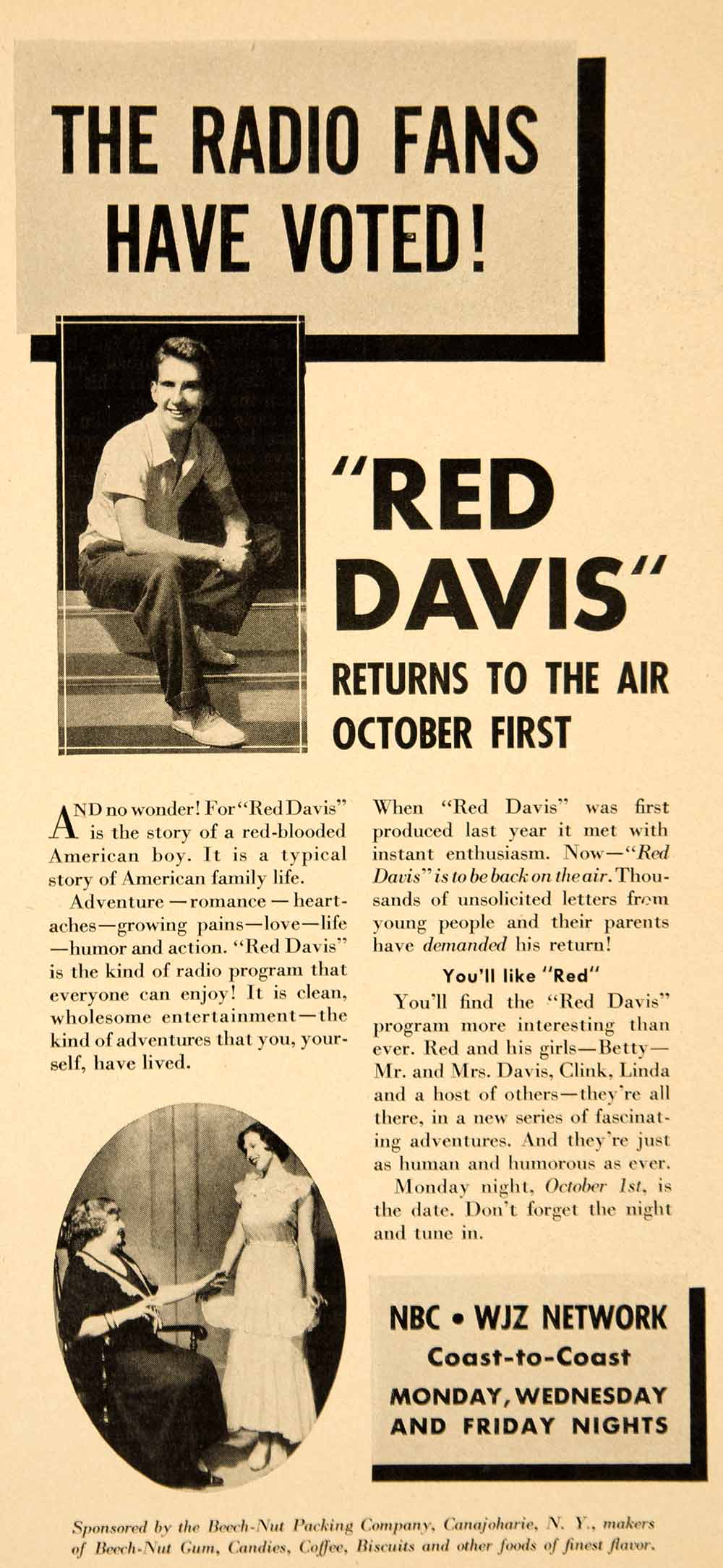 1946 Ad Red Davis Boy Family Radio Show Program NBC WJZ Broadcasting Beech YRM1