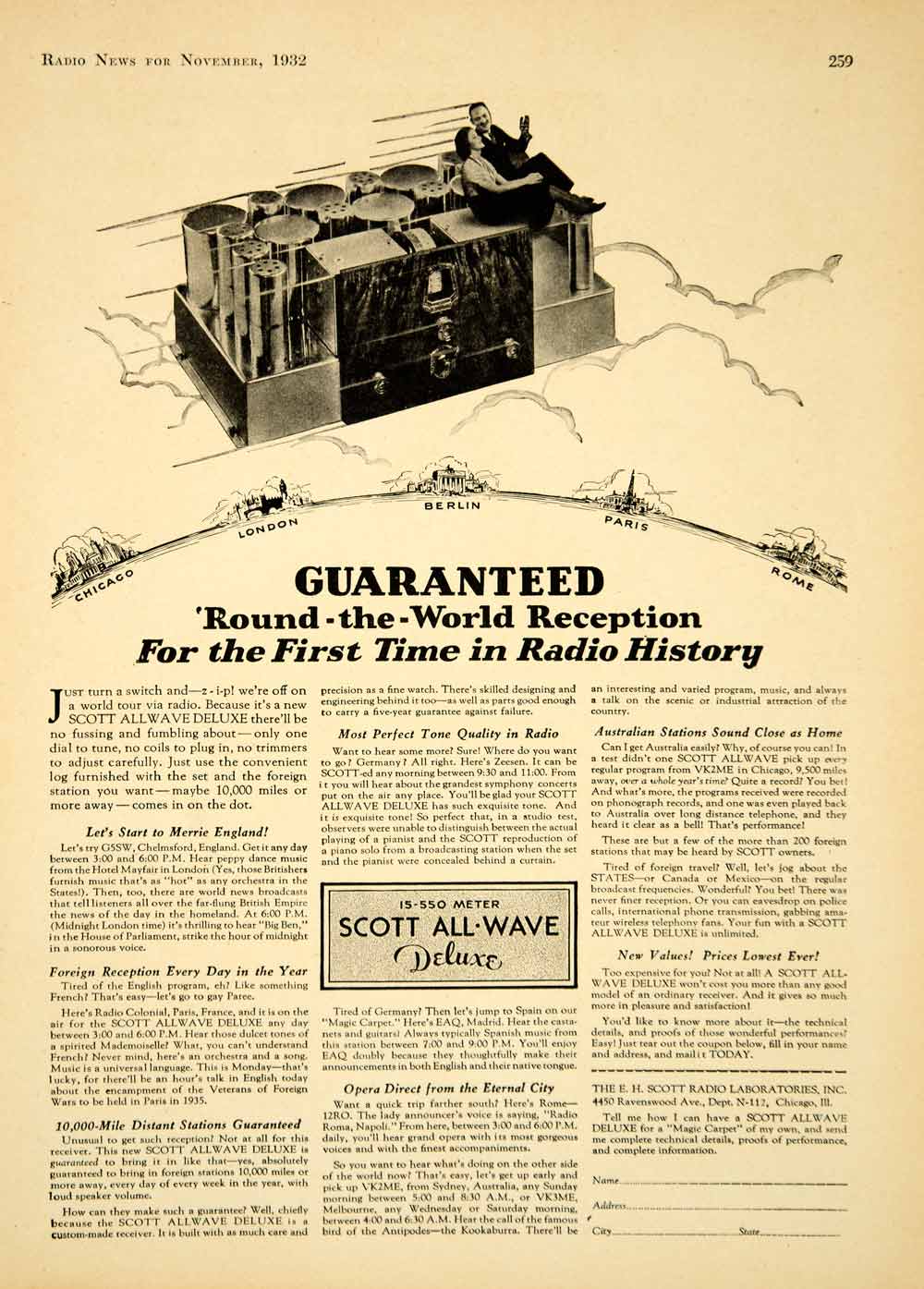 1932 Ad Scott All-Wave Deluxe Chicago London Berlin Paris Rome Station YRN1