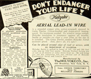 1931 Ad Aerial Lead-In Wire Holyoke Jobbers Gutta Percha Moisture-Proof YRN1