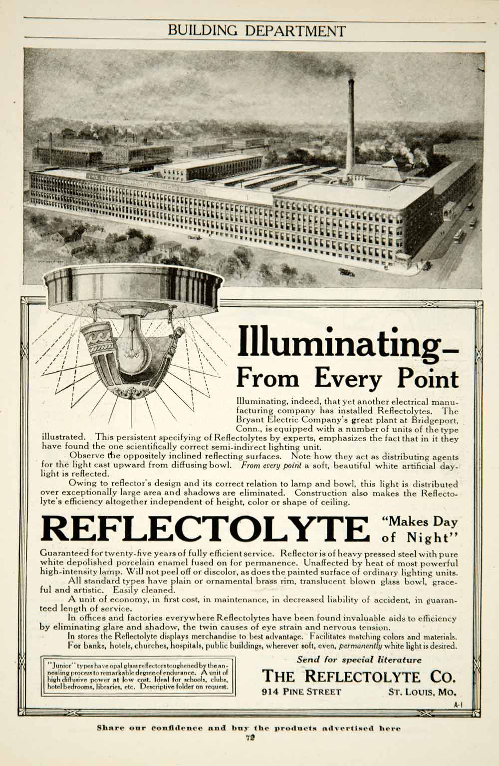 1917 Ad Reflectolyte Lighting Bryant Electric Plant Factory Bridgeport CT YRR1