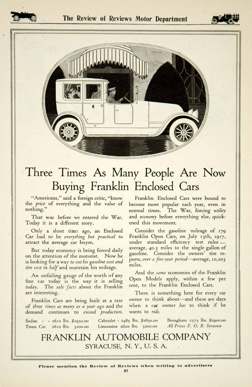 1917 Ad 1918 Franklin Automobile Closed Car Models Brass Era Transportation YRR1