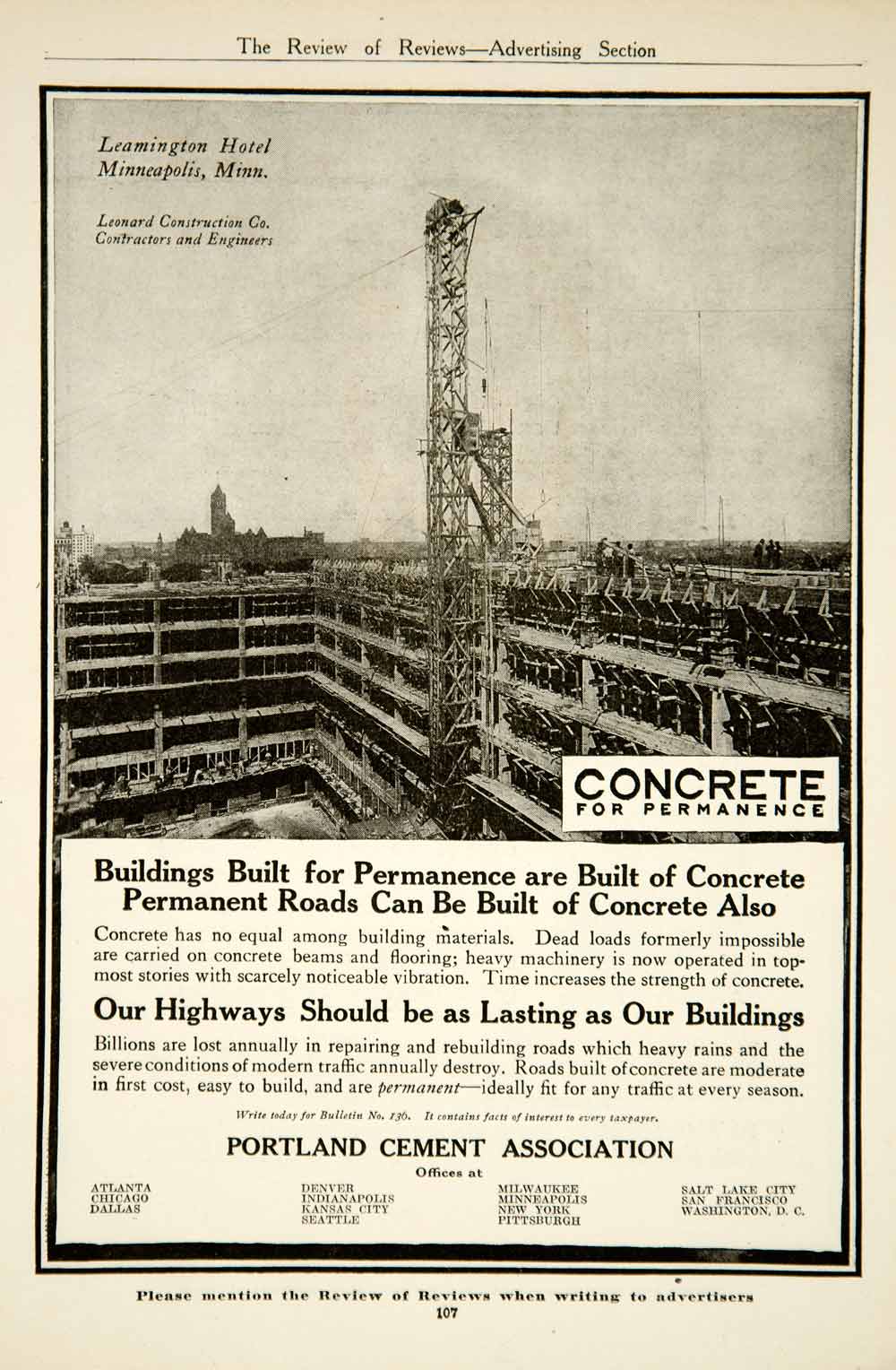 1917 Ad Portland Cement Concrete Construction Leamington Hotel Minneapolis YRR1