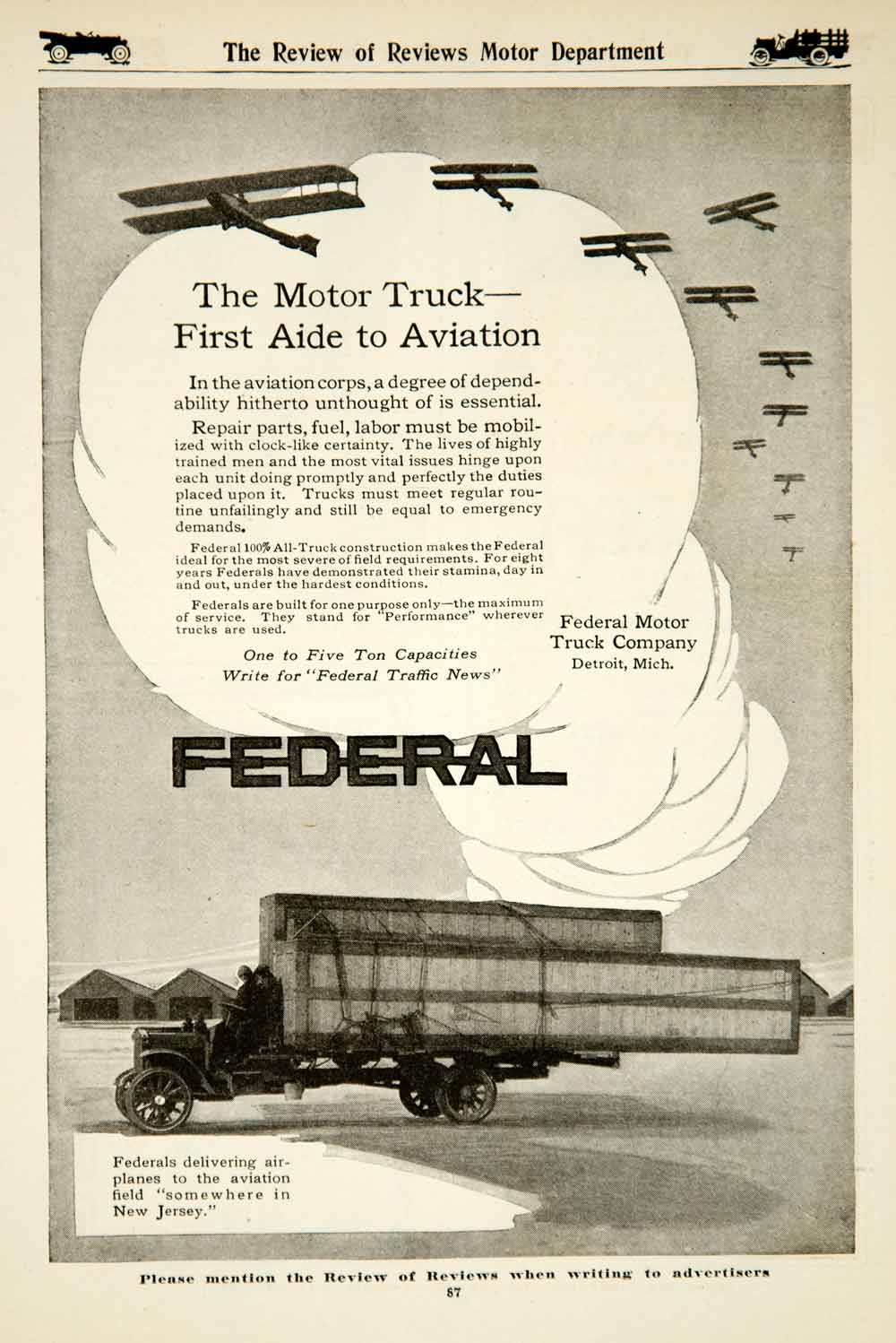 1917 Ad Federal Motor Truck Automobile WW1 Biplane Aviation Field Aircraft YRR1