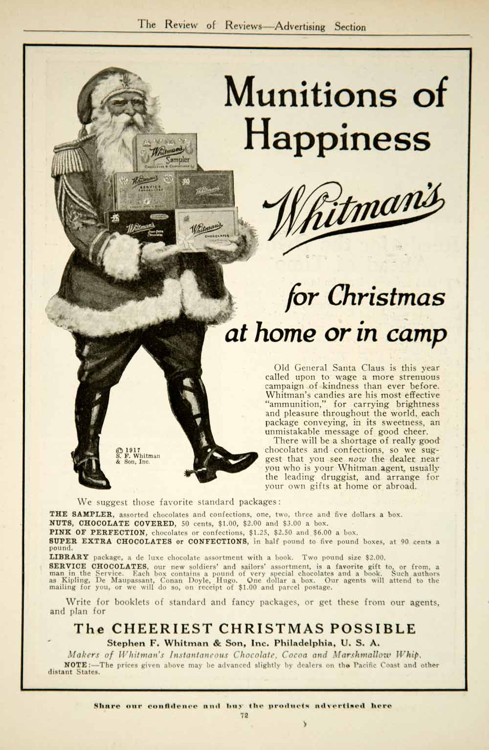 1917 Ad SF Whitman's Chocolates Candy Food Santa Claus Christmas Holiday YRR1