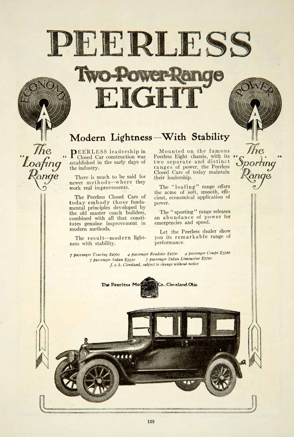 1919 Ad Peerless Motor Car Two-Power Range Eight Automobile Brass Era Auto YRR1