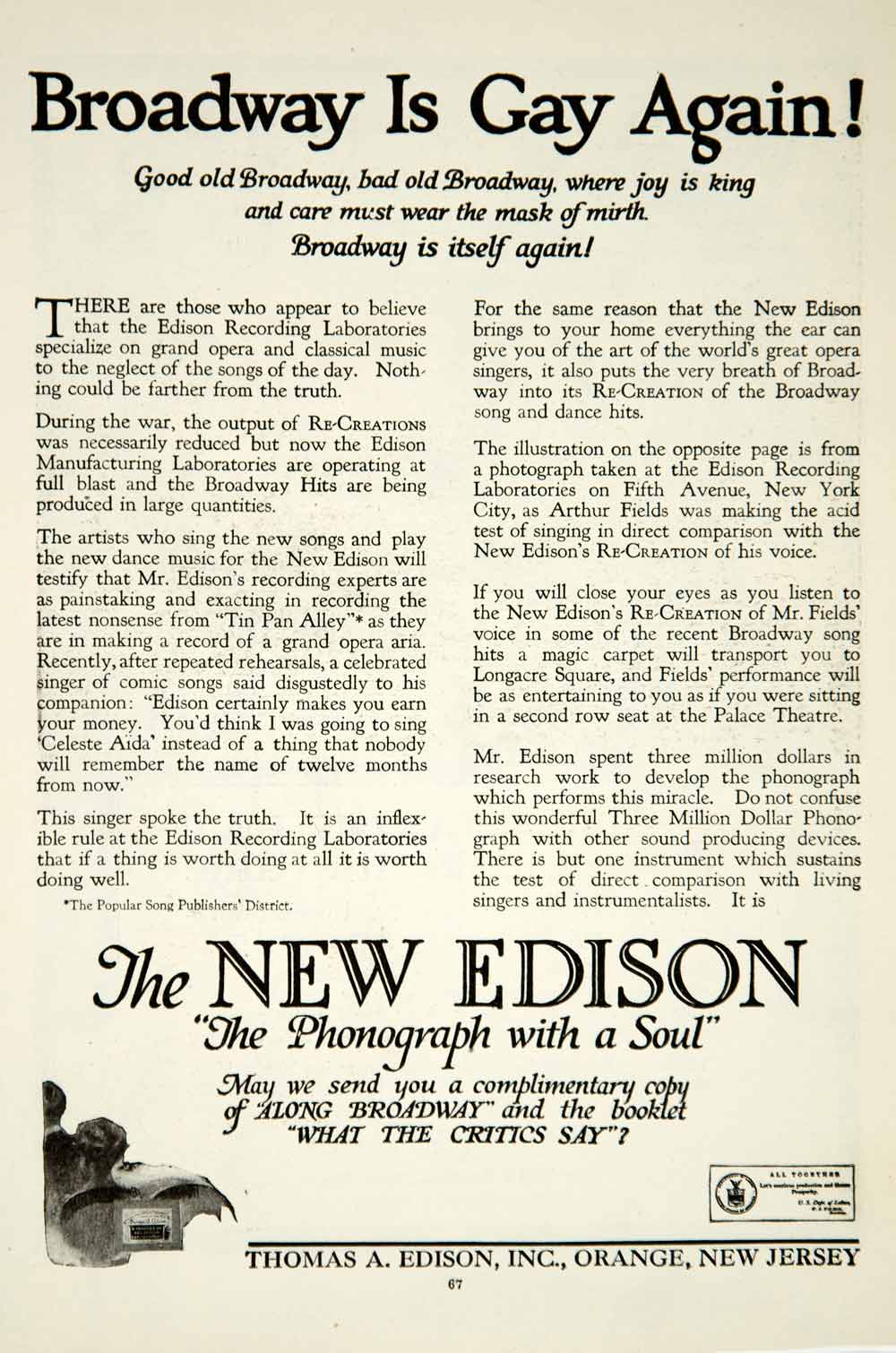 1919 Ads Thomas Edison Phonograph Gramophone Arthur Fields Vaudeville Music YRR1