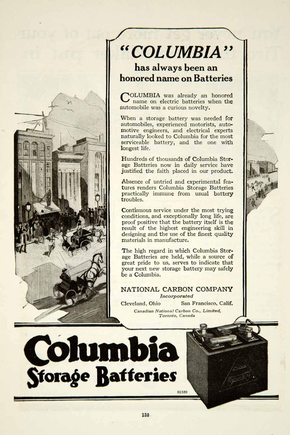 1920 Ad National Carbon Co. Columbia Storage Battery Automobiles Car Power YRR2