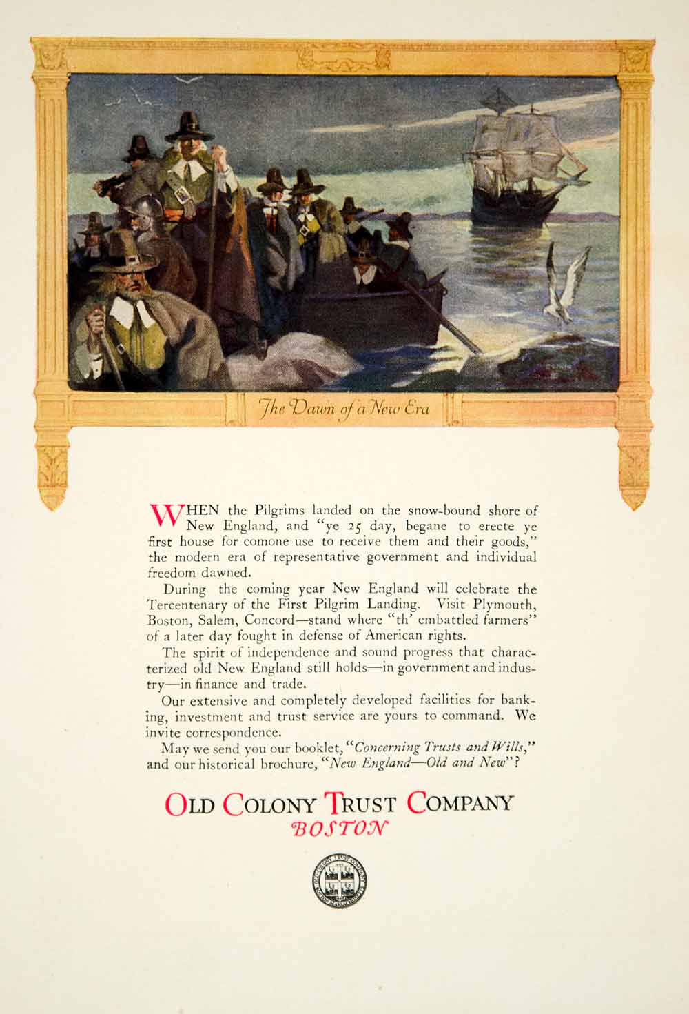 1920 Ad Old Colony Trust Company Boston Vintage Pilgrim Landing Mayflower YRR2