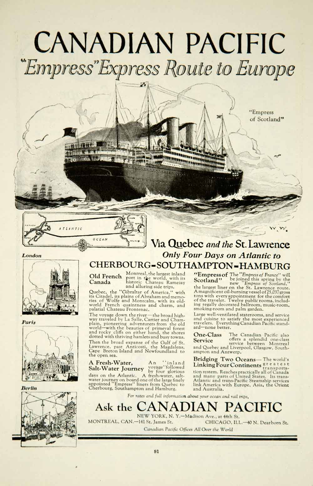 1922 Ad Canadian Pacific Ocean Liner Empress of Scotland Travel Vintage YRR2