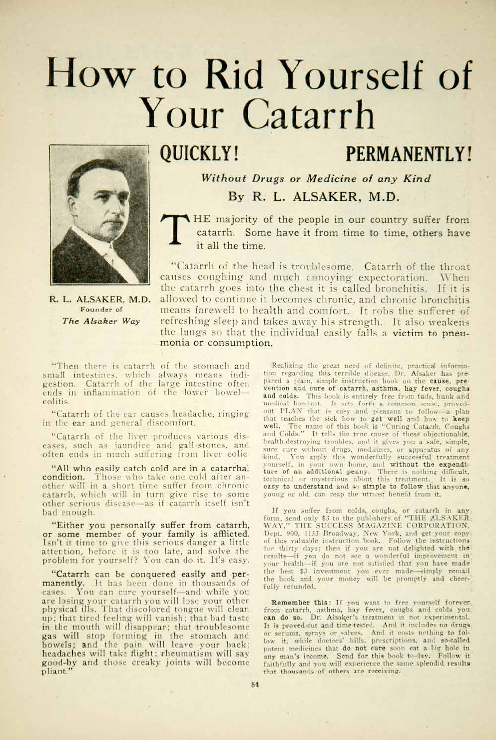 1922 Ad Dr. R. L. Alsaker Catarrh Remedy Medical Quackery Cold Cure Vintage YRR2
