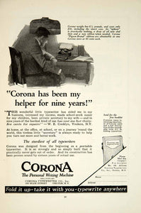 1922 Ad Corona Typewriter Company Personal Writing Machine Vintage Desk YRR2