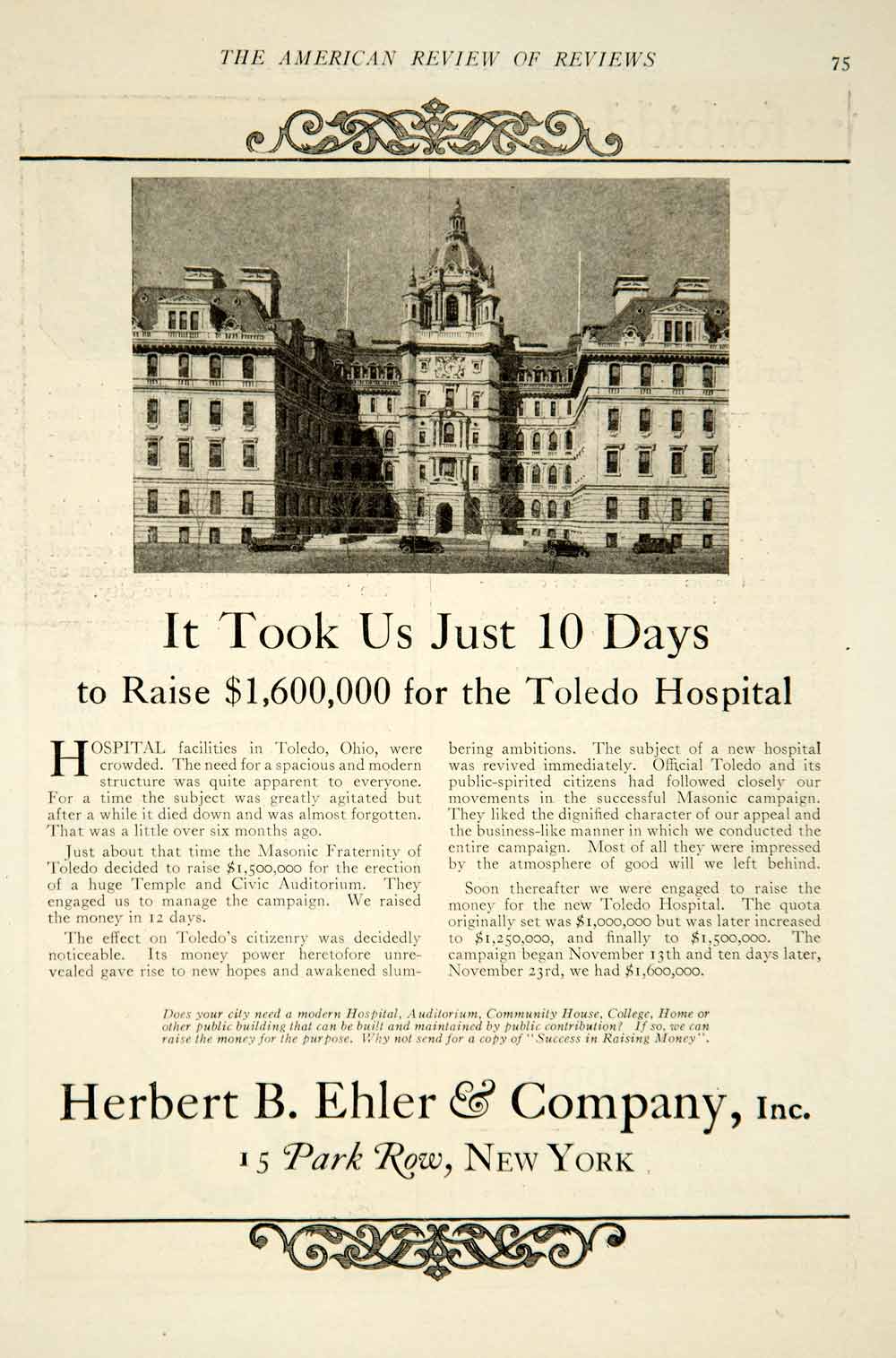 1926 Ad Herbert B. Ehler Company Toledo Hospital Facility Ohio Vintage YRR2