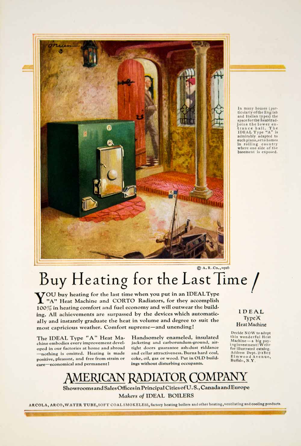 1926 Ad American Radiator Company Boilers Heating Vintage Machine Warmth YRR2
