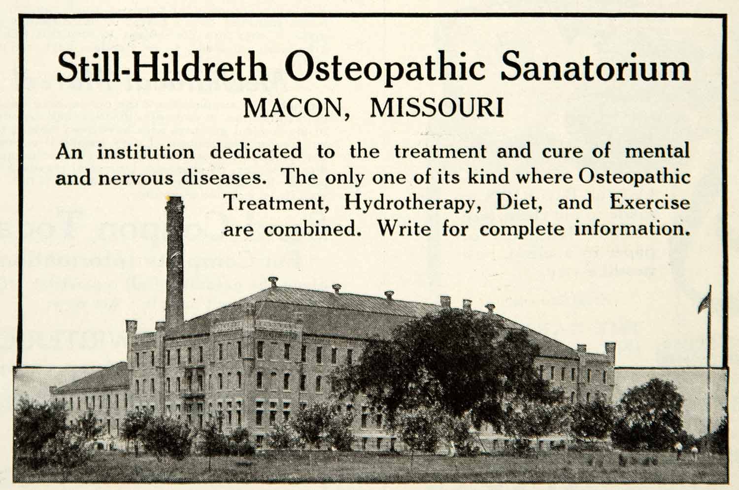 1922 Ad Still-Hildreth Osteopathic Sanatorium Macon Missouri Mental Disease YRR2