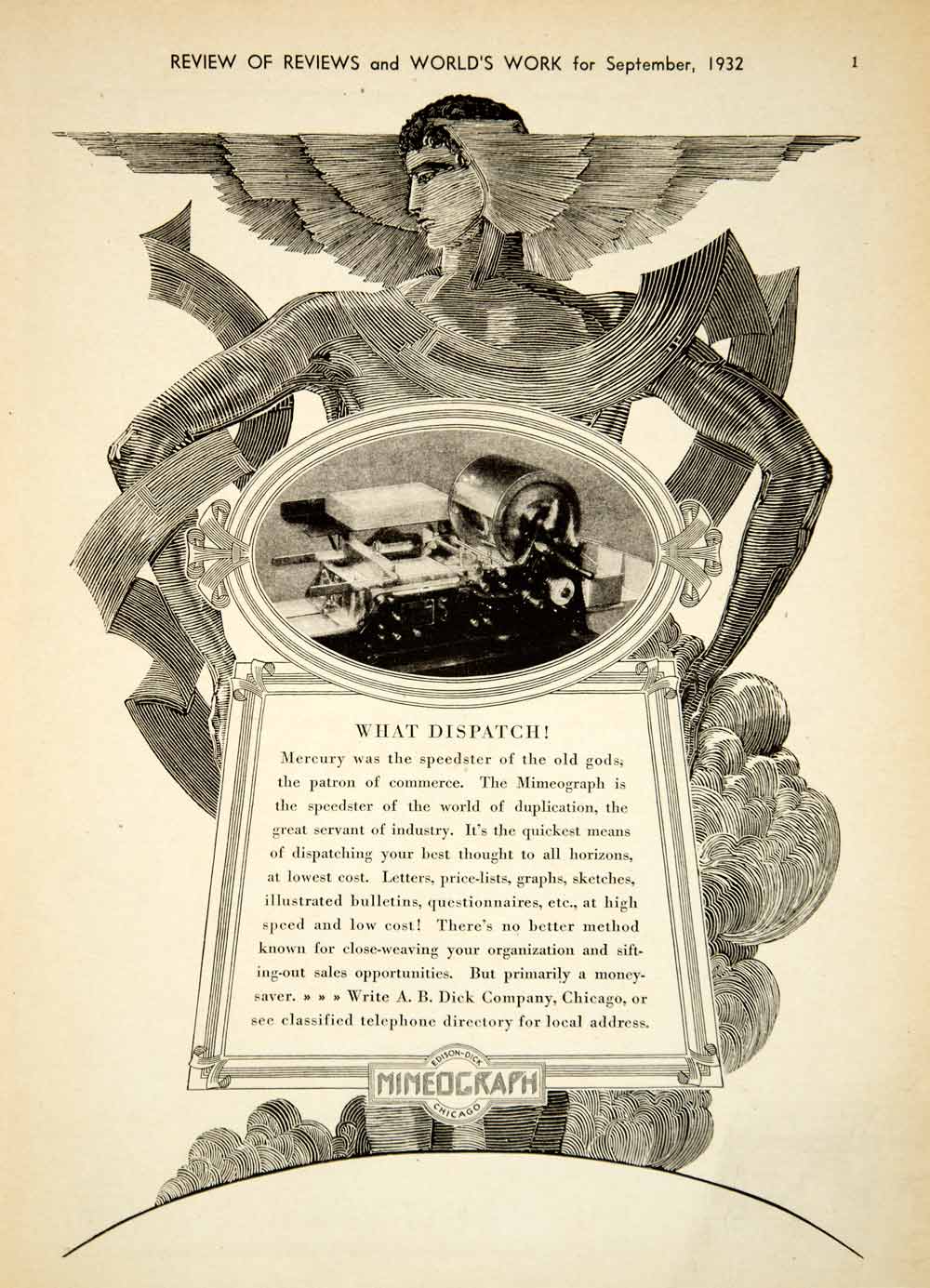 1932 Ad Vintage Edison-Dick Mimograph Machine Co. Mercury Roman God A.B. Dick