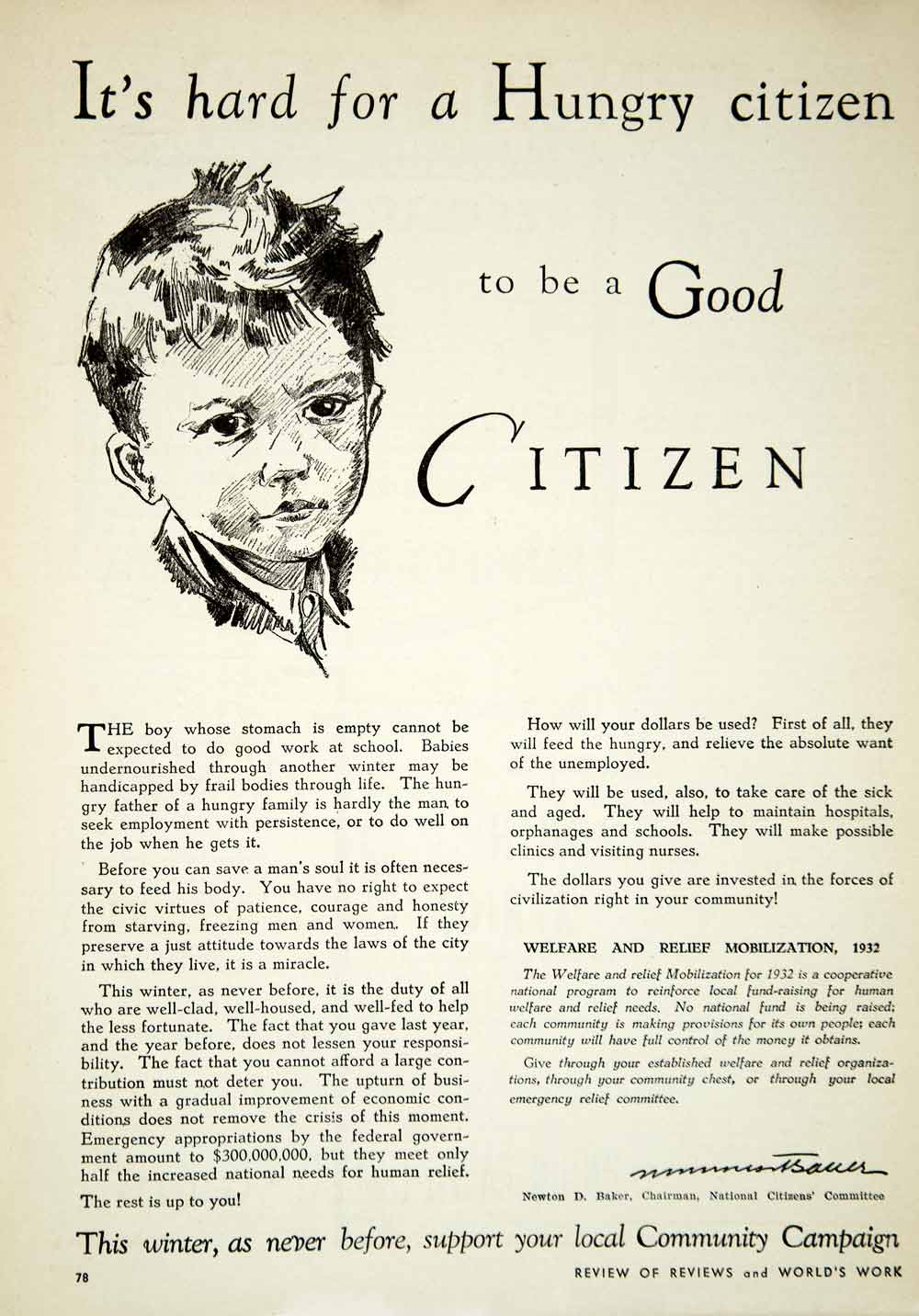 1932 Ad Great Depression Welfare Relief Mobilization Hungry Children Citizens