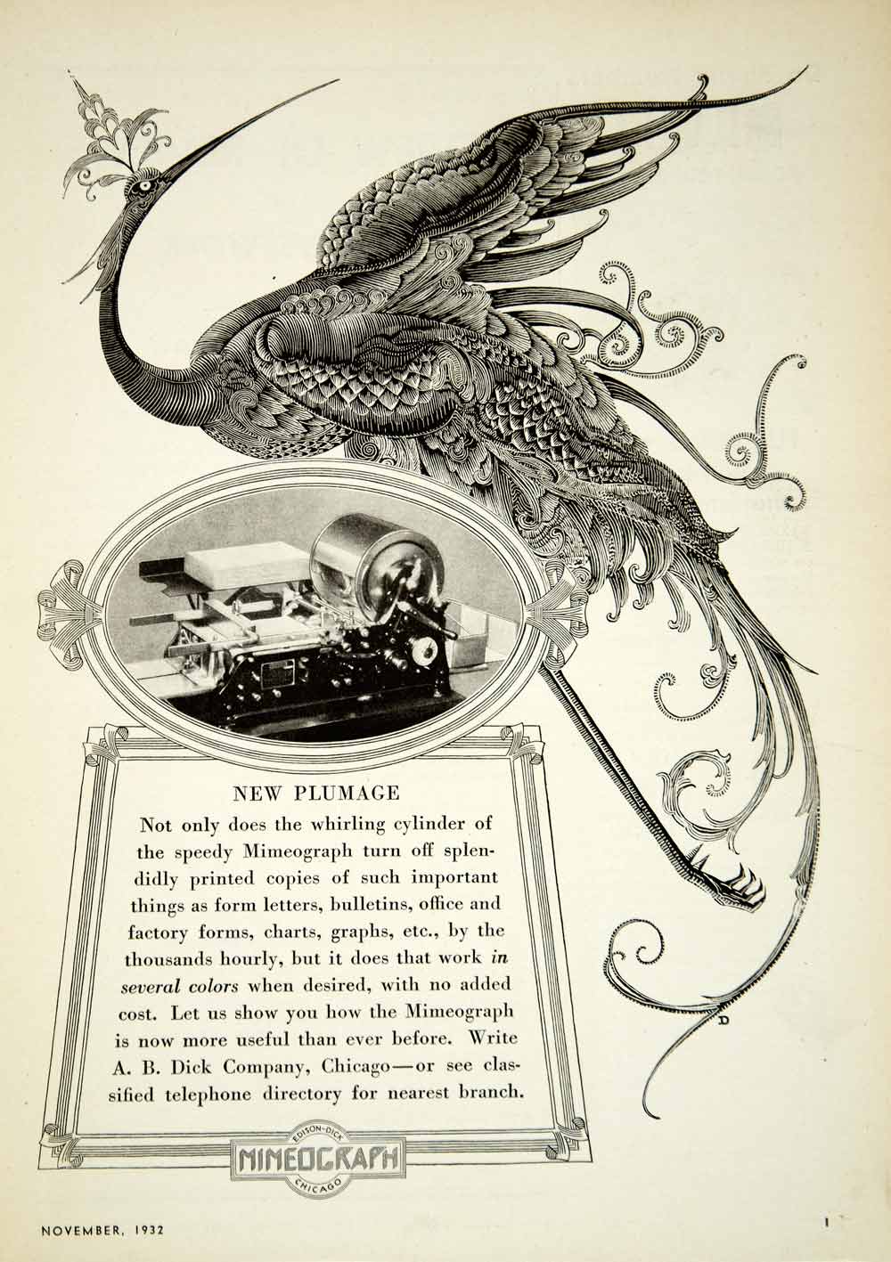 1932 Ad Edison-Dick Mimeograph Machine Company Peacock Feathers Beak Claw Image