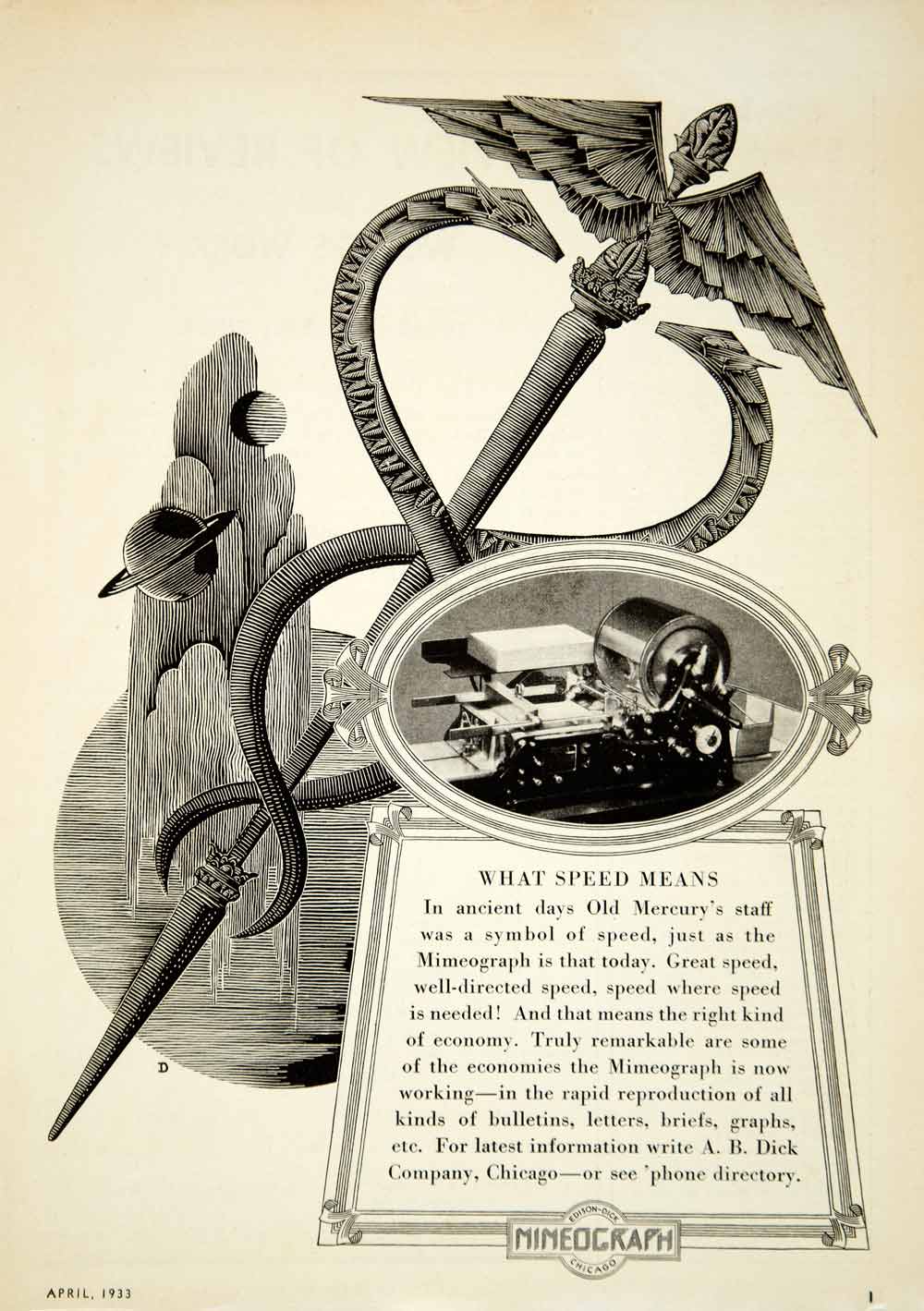 1933 Ad Edison-Dick Company Mimeograph Machine Saturn Planet Staff Space Image