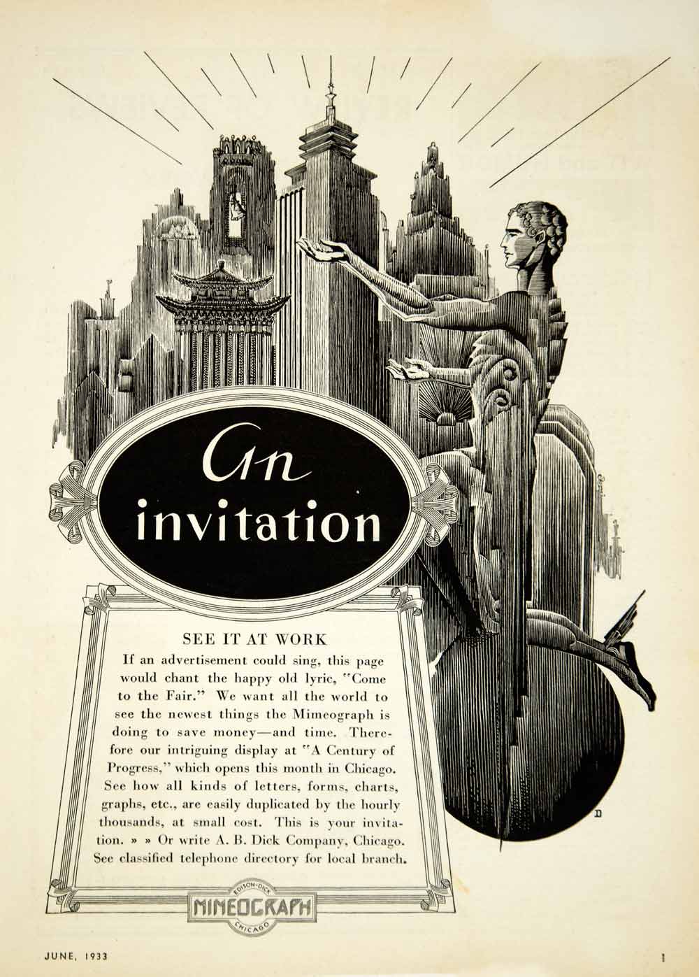 1933 Ad A.B. Company Edison-Dicks Mimeograph Machine City Bell Tower Skyscraper