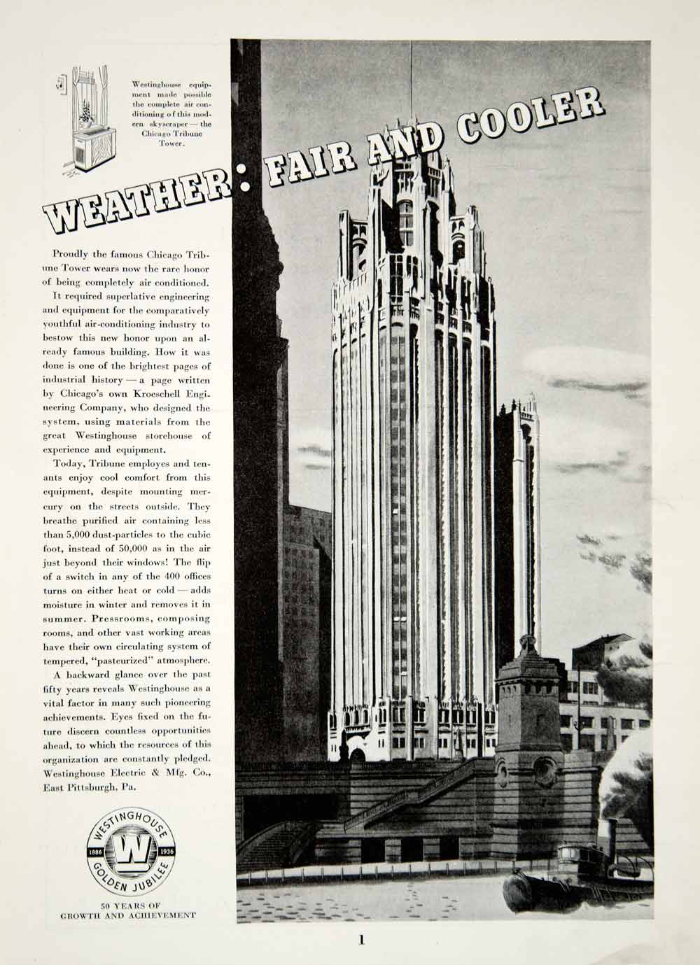 1936 Ad Westinghouse Company Air Conditioning Chicago Tribune Tower Advertising