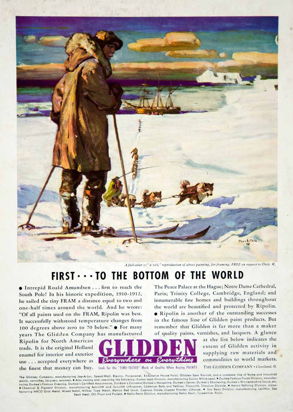 1937 Ad Glidden Paint Company Roald Amundsen South Pole Traveler Explorer Image