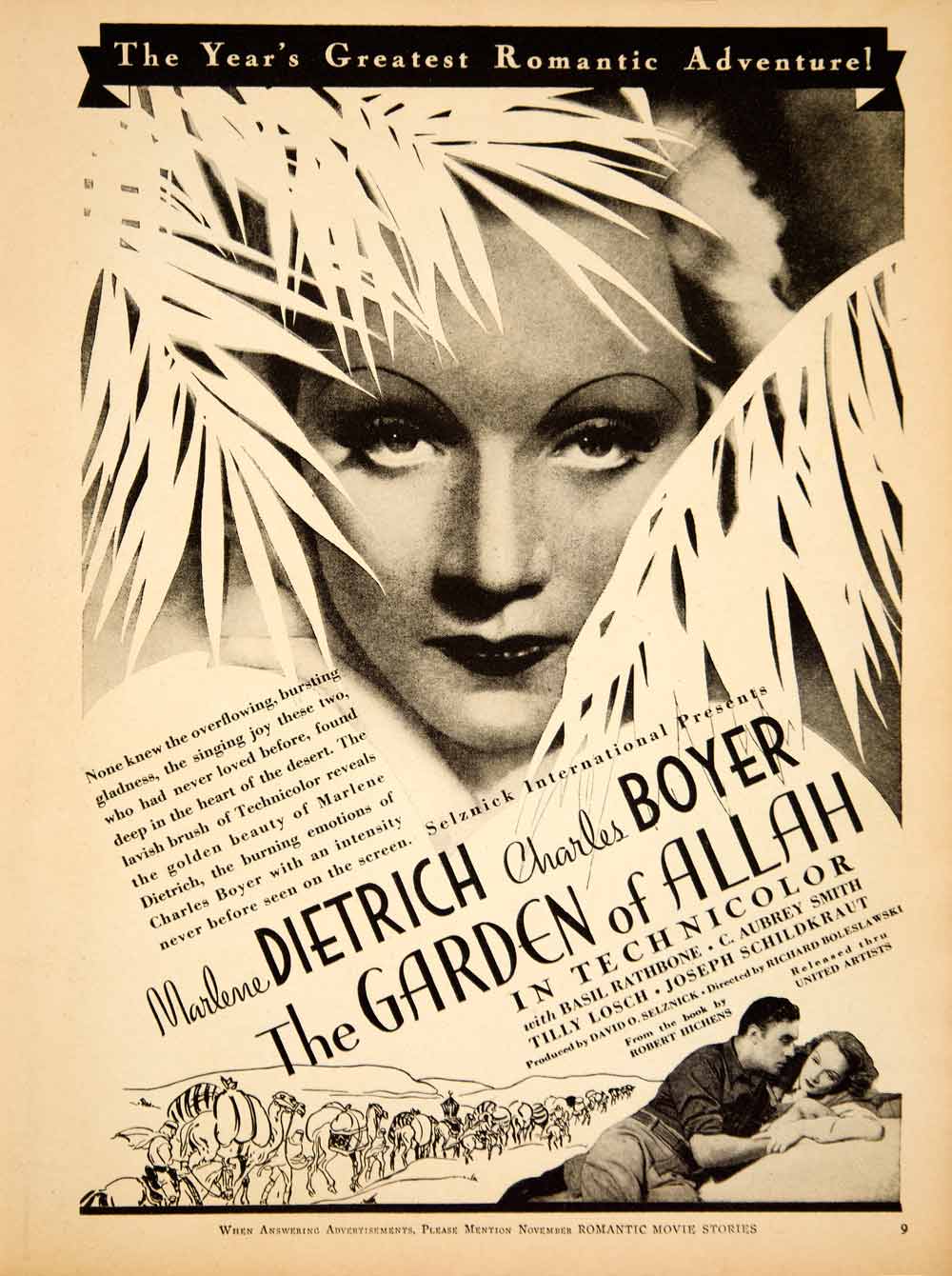 1936 Ad Movie Garden of Allah Marlene Dietrich Charles Boyer Desert Camels YRS1