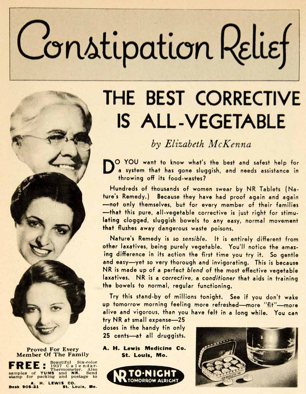1936 Ad Vintage NR Tablets Pills Vegetable Laxative Constipation Nature's YRS1