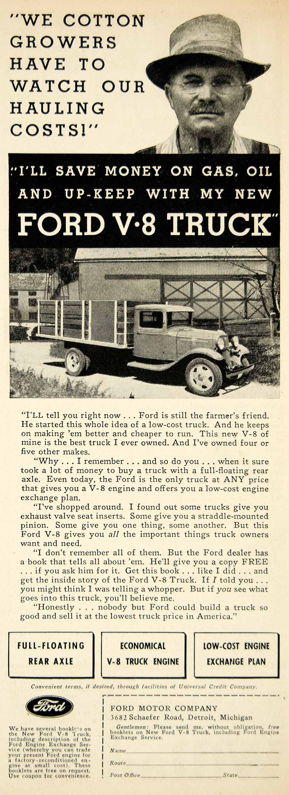 1934 Ad Ford V8 Truck Vehicle Cotton Automobile Motor Agriculture Farming YSA1
