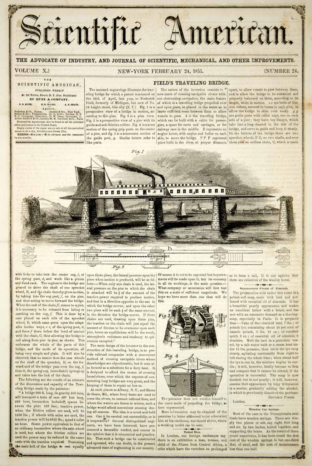 1855 Article Frederick Field Traveling Bridge Invention Scientific American YSA2 - Period Paper

