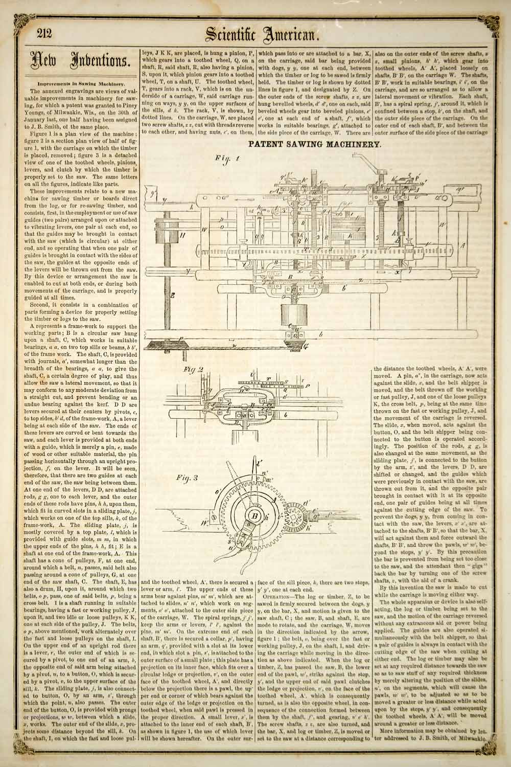 1855 Article Patent Sawing Machinery Saw Timber Lumber Scientific American YSA2