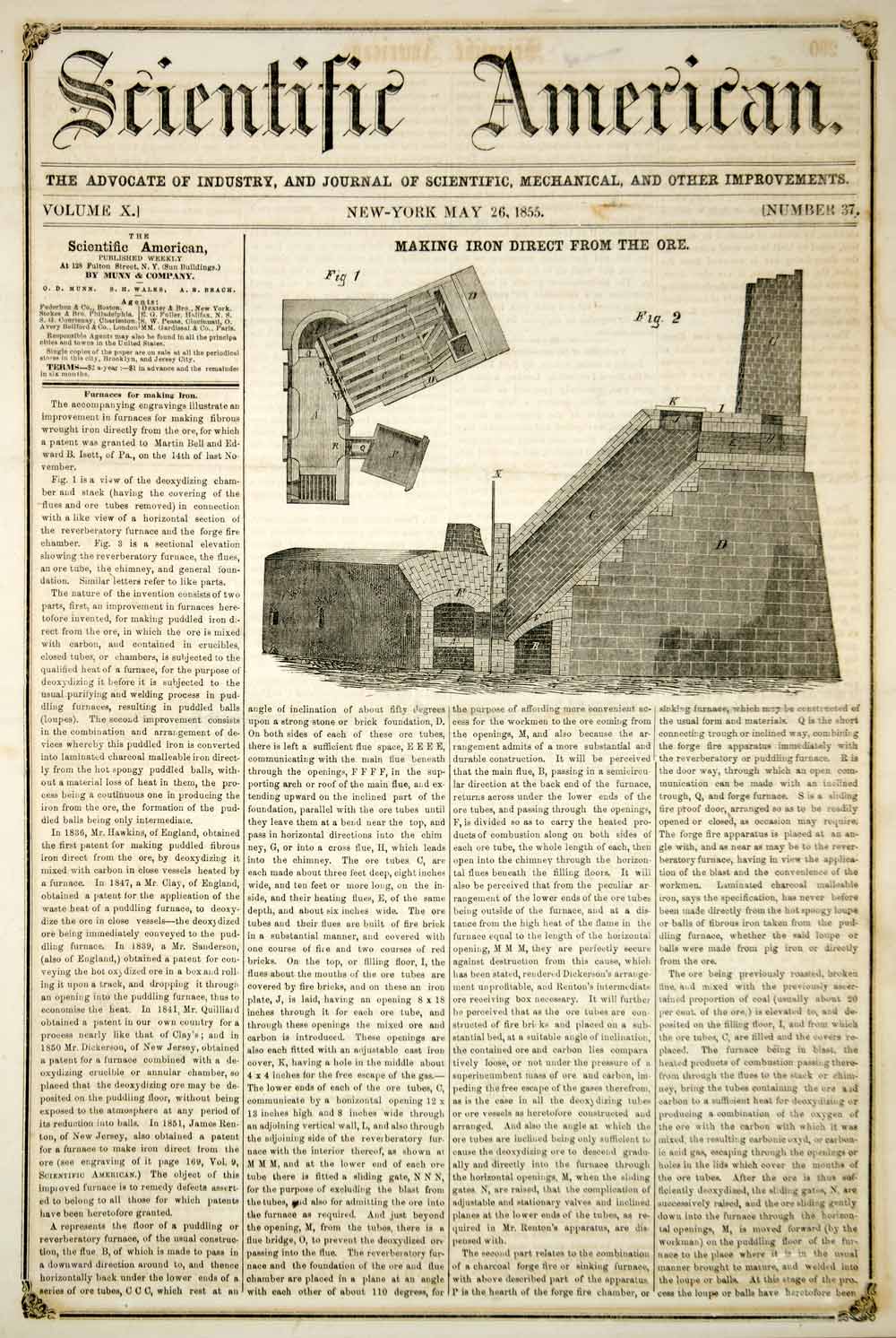 1855 Article Fibrous Wrought Iron Ore Furnace Invention Scientific American YSA2