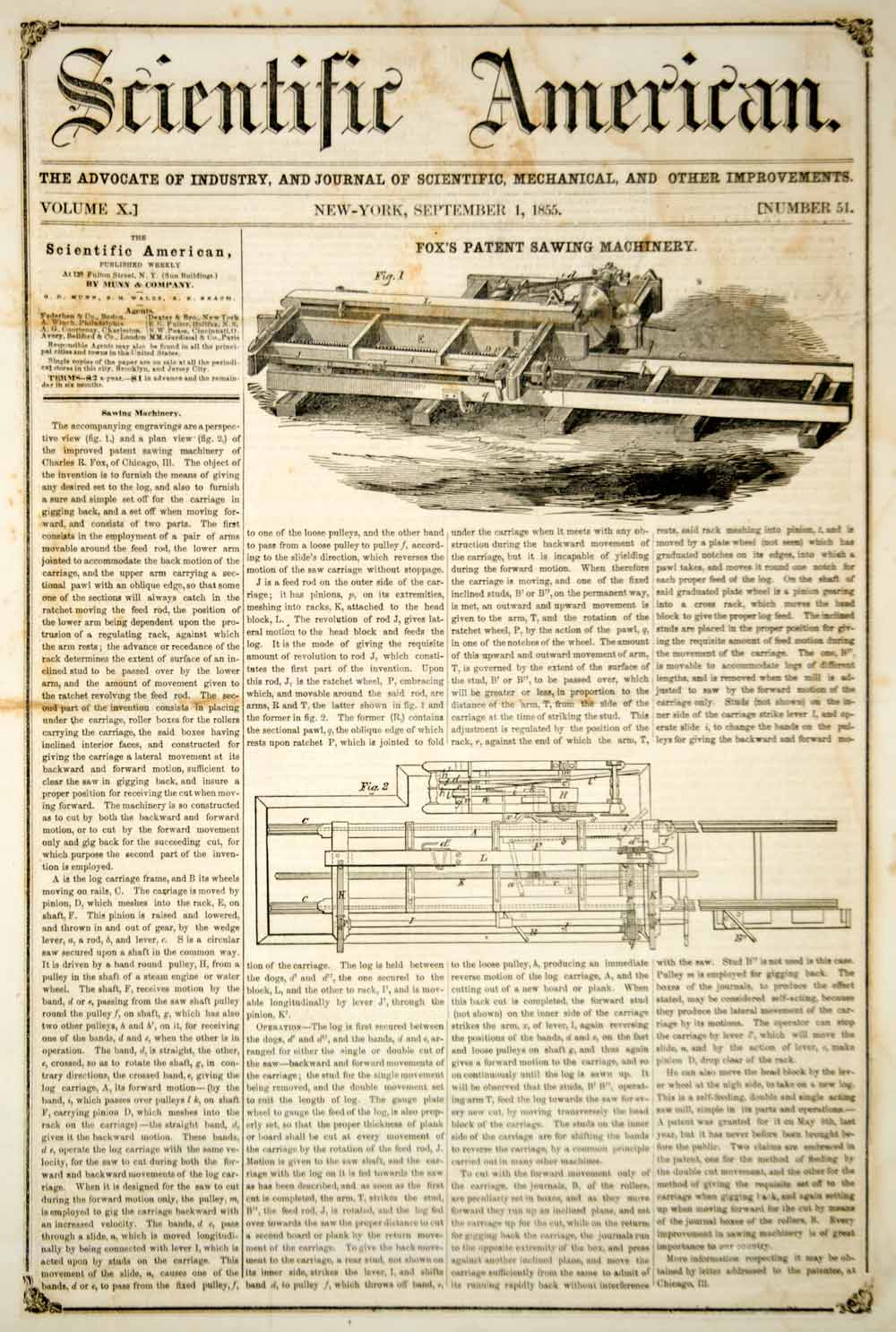 1855 Article Patent Sawing Machinery Log Saw Lumber Charles R Fox Invention YSA2