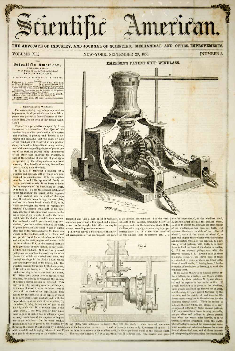 1855 Article Ship Windlass Invention Machine James Emerson Worcester M ...