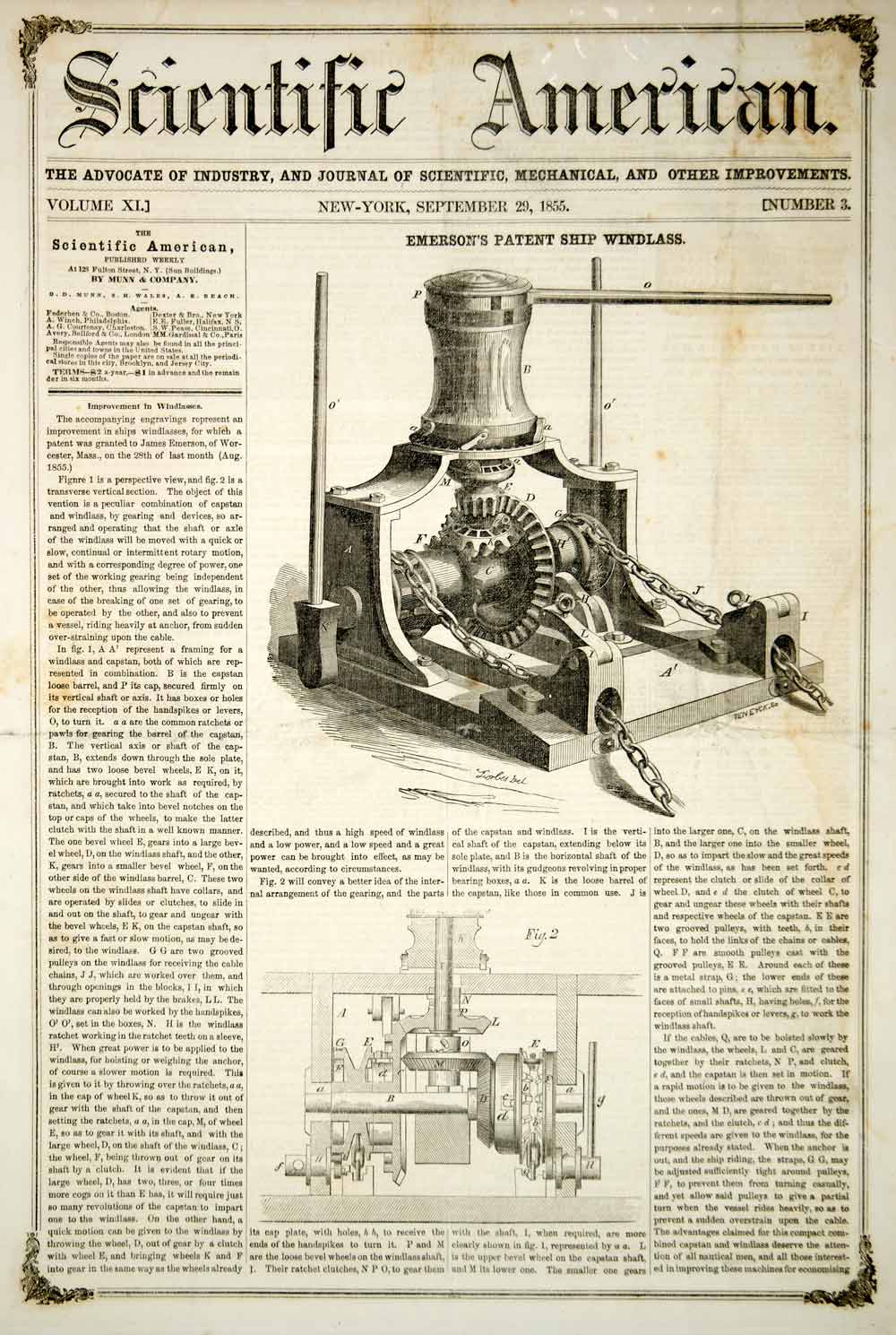 1855 Article Ship Windlass Invention Machine James Emerson Worcester Mass. YSA2