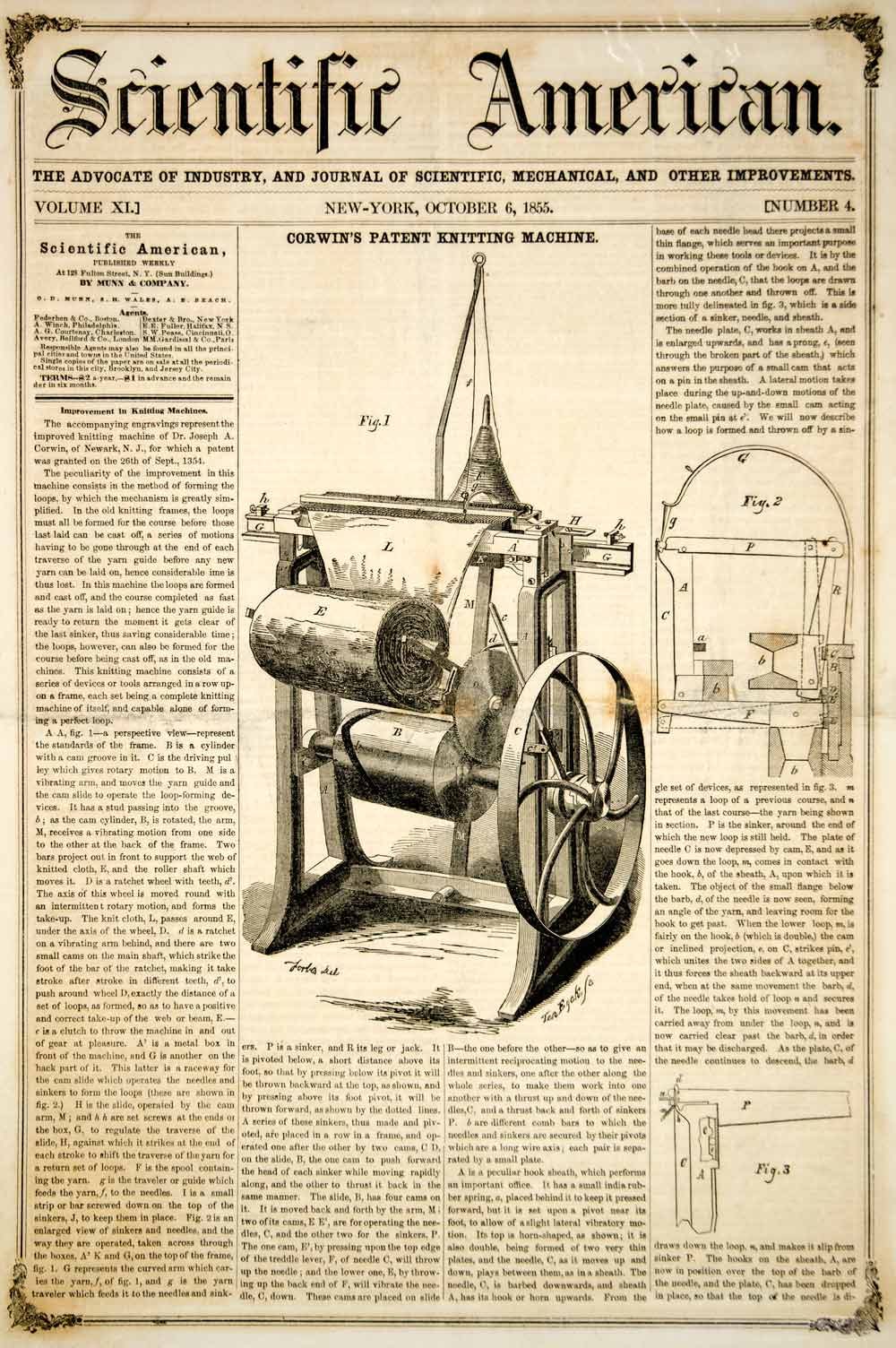 1855 Article Antique Knitting Machine Joseph A. Corwin Invention Machinery YSA2