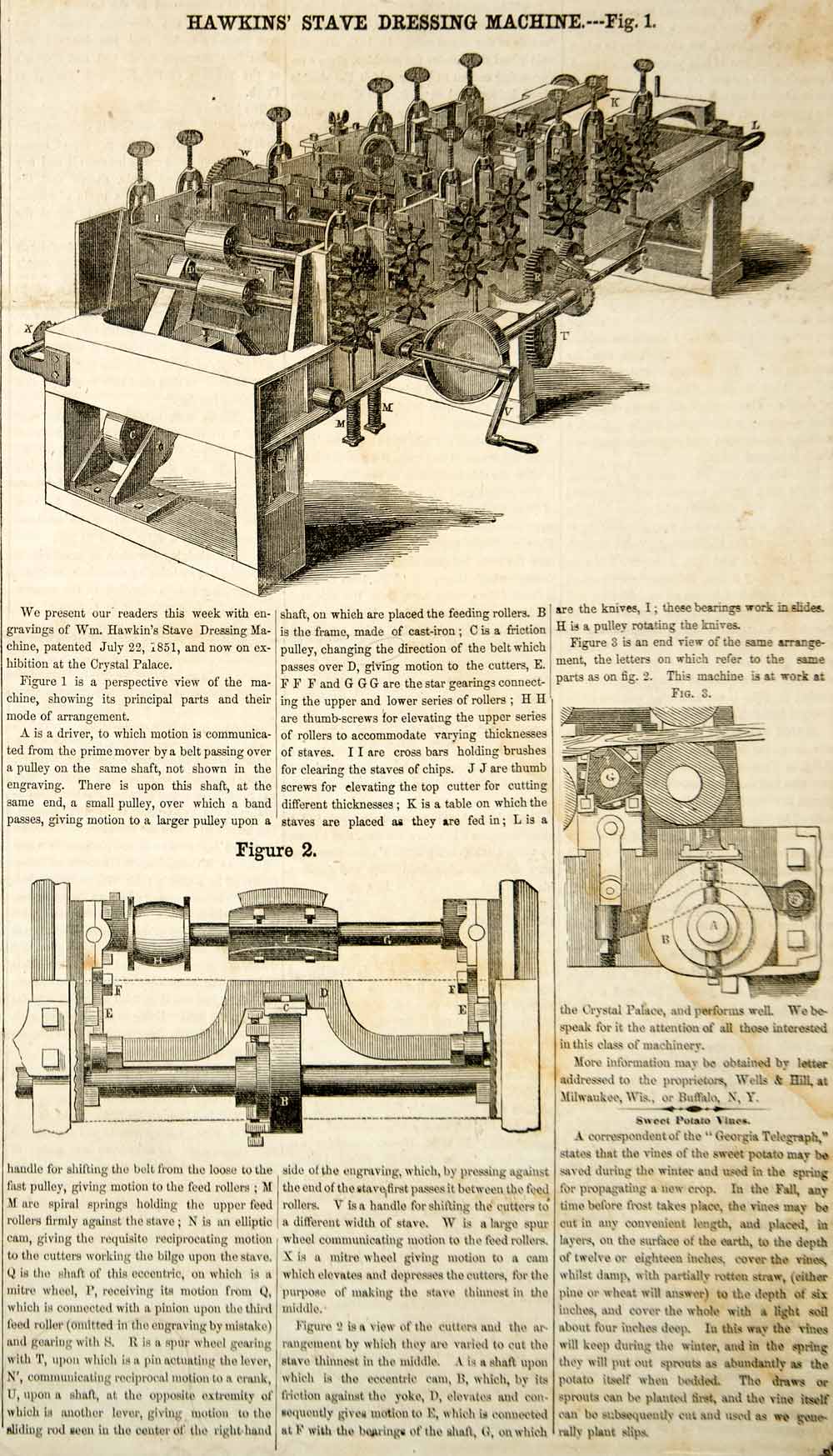 1853 Wood Engraving William Hawkin Stave Dressing Machine Antique Machinery YSA2