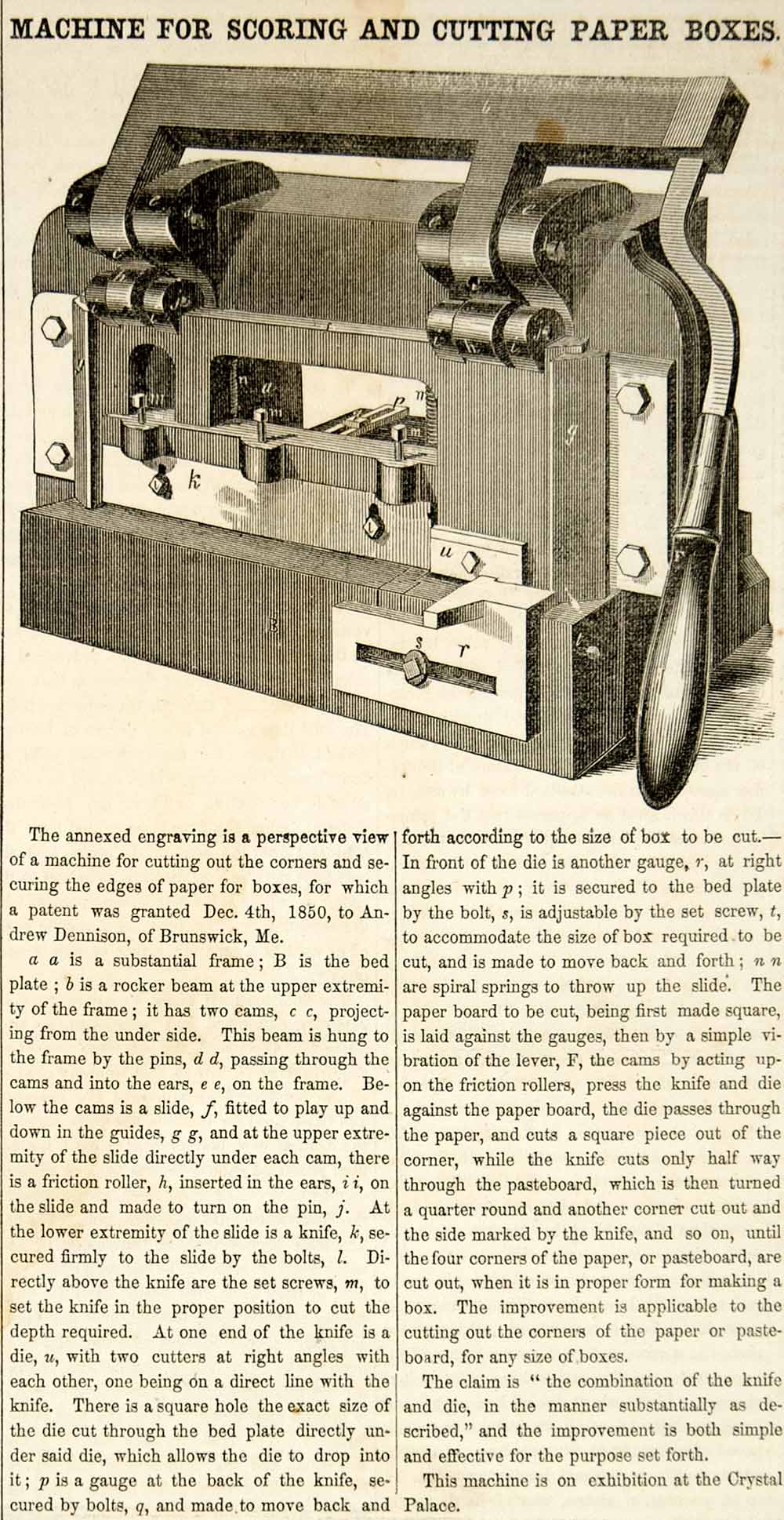 1853 Wood Engraving Box Cutting Machine Antique Andrew Dennison Invention YSA2