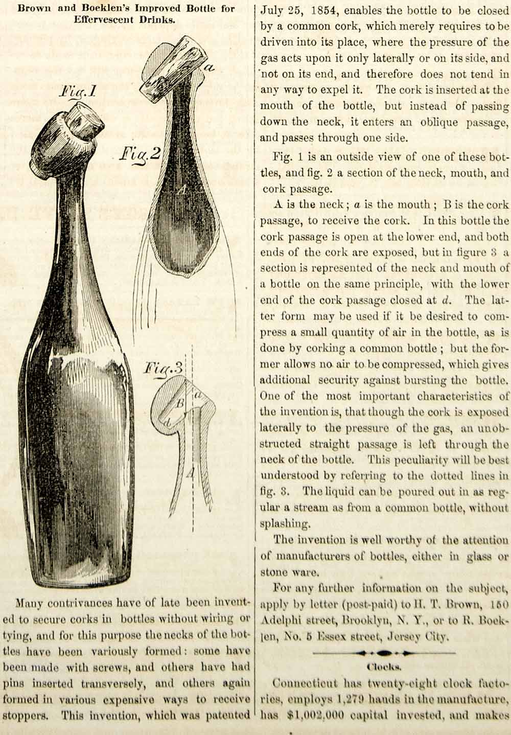 1854 Wood Engraving Brown Boeklen Bottle Cork Effervescent Drink Invention YSA2